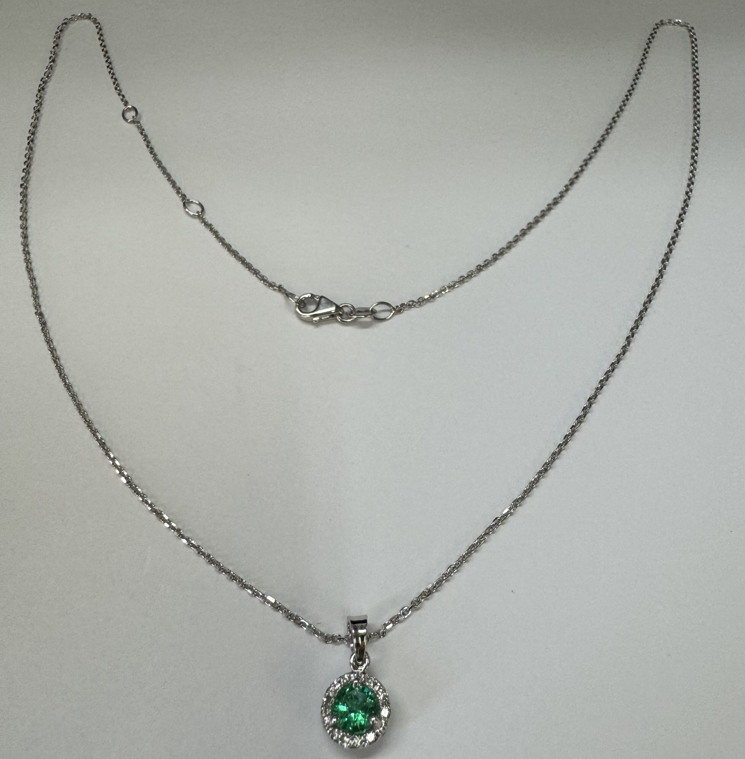 14k White Gold Genuine .49 Cttw Emerald & Diamond Halo Pendant - Image 9