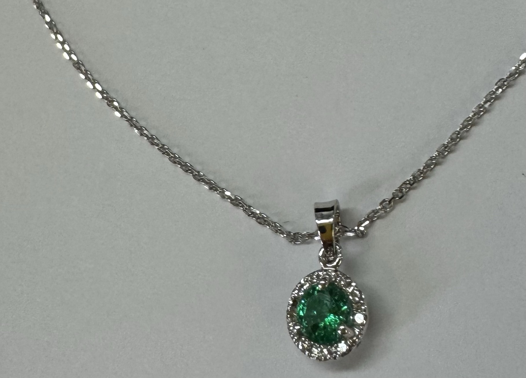 14k White Gold Genuine .49 Cttw Emerald & Diamond Halo Pendant - Image 13