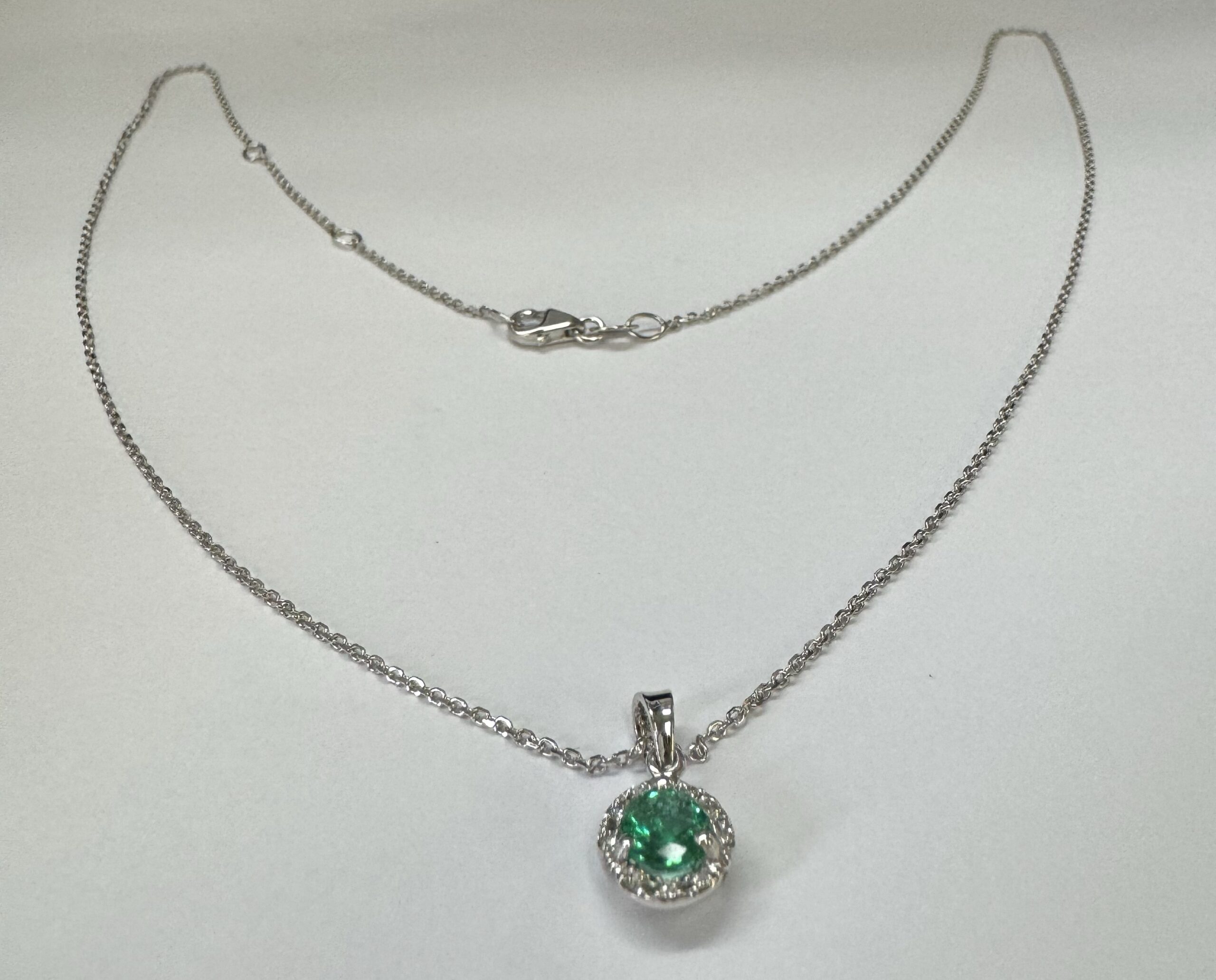 14k White Gold Genuine .49 Cttw Emerald & Diamond Halo Pendant - Image 18