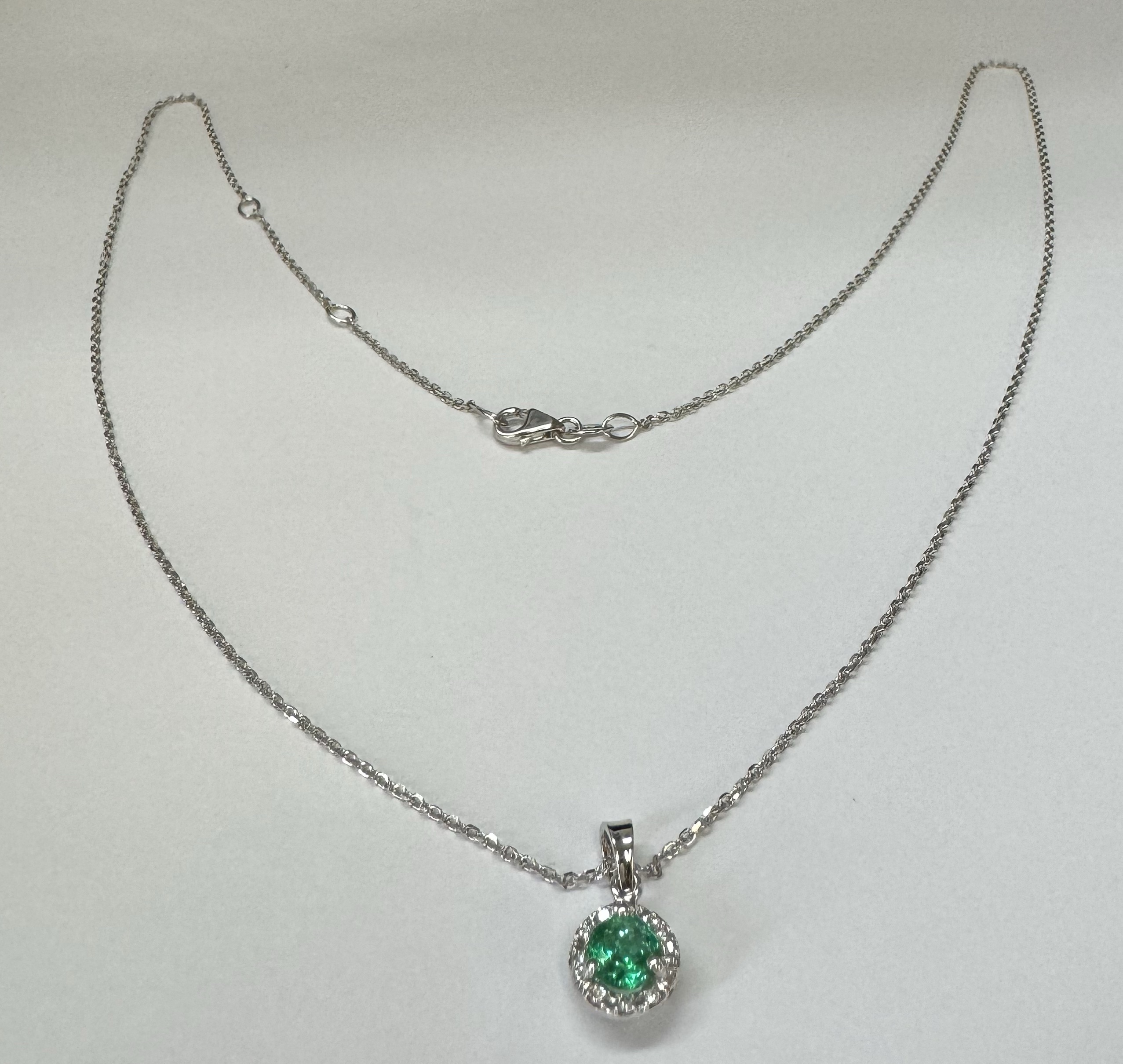14k White Gold Genuine .49 Cttw Emerald & Diamond Halo Pendant - Image 19