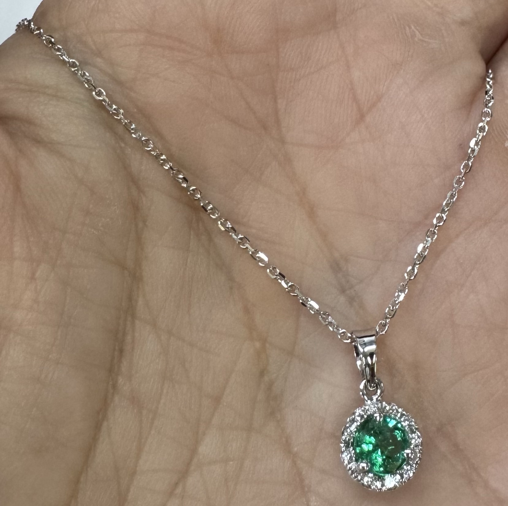14k White Gold Genuine .49 Cttw Emerald & Diamond Halo Pendant - Image 20