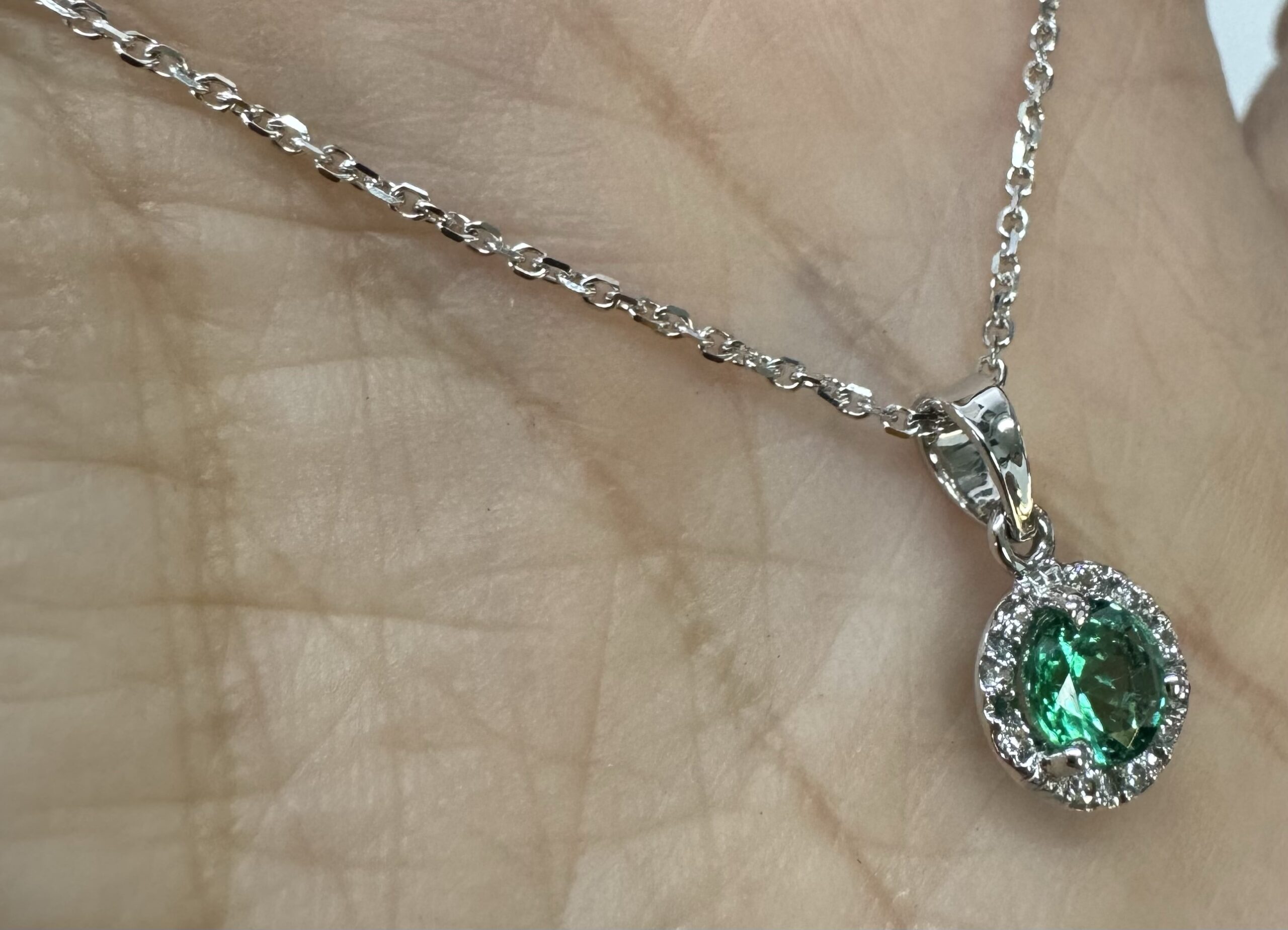 14k White Gold Genuine .49 Cttw Emerald & Diamond Halo Pendant - Image 23