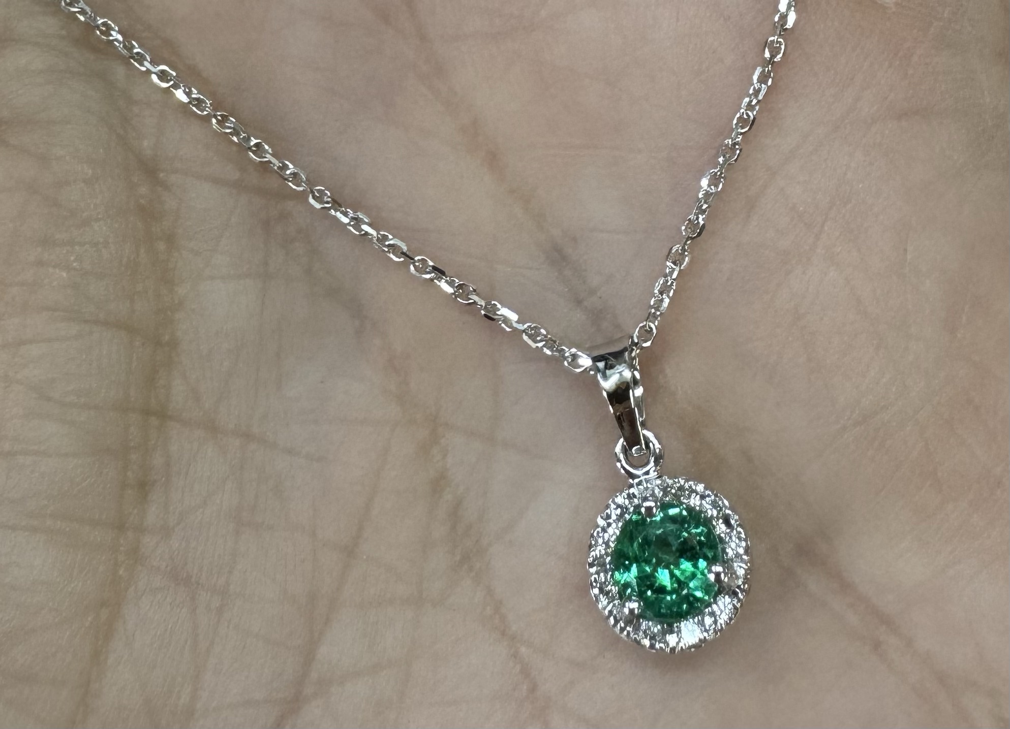 14k White Gold Genuine .49 Cttw Emerald & Diamond Halo Pendant - Image 25