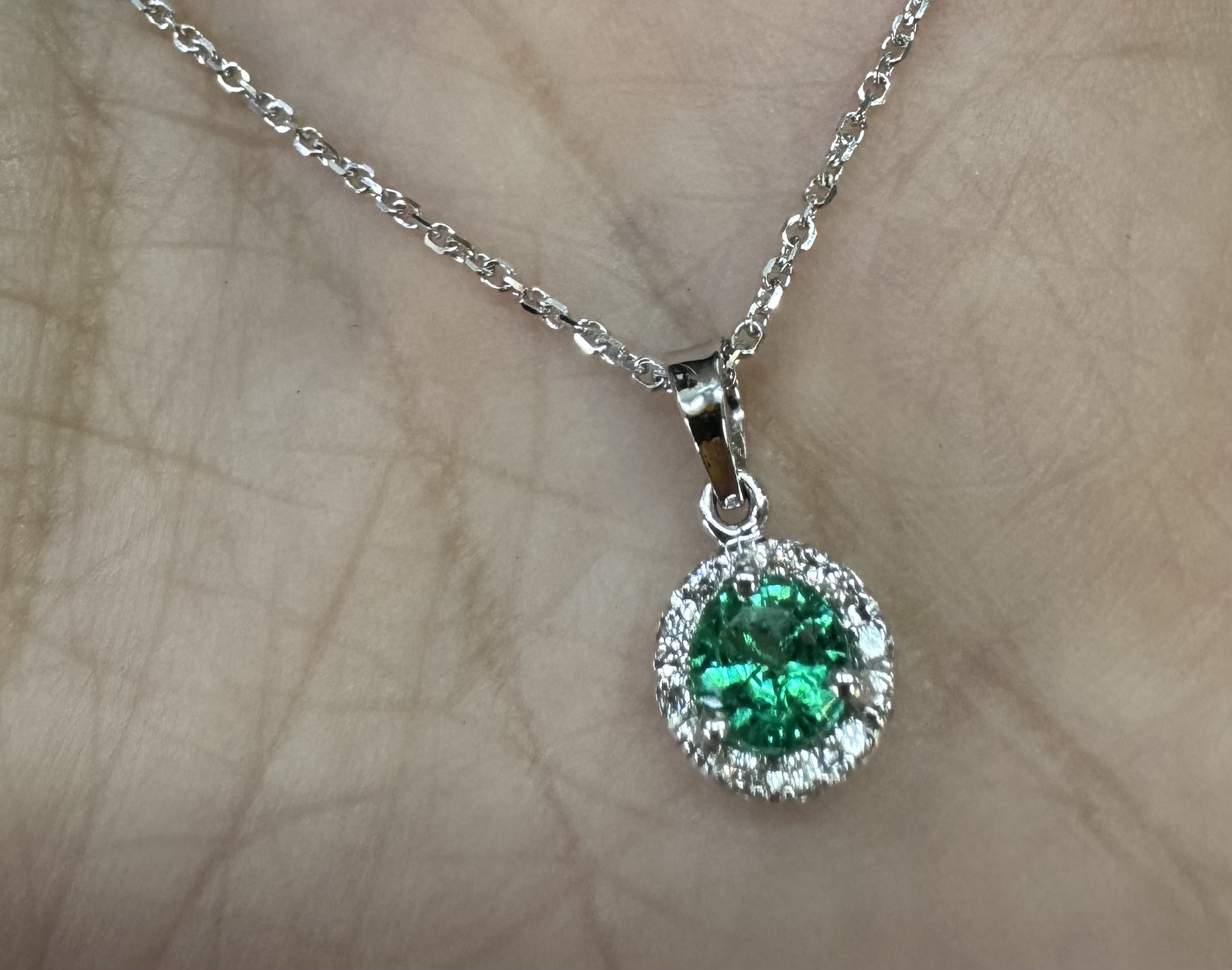 14k White Gold Genuine .49 Cttw Emerald & Diamond Halo Pendant - Image 26