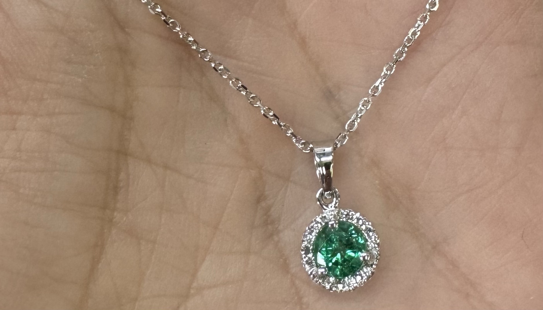 14k White Gold Genuine .49 Cttw Emerald & Diamond Halo Pendant - Image 29