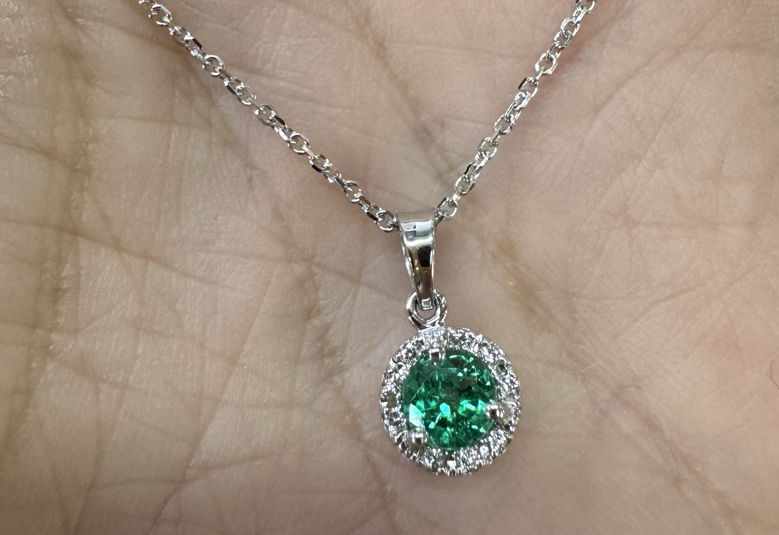 14k White Gold Genuine .49 Cttw Emerald & Diamond Halo Pendant - Image 31