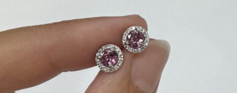 14k White Gold .45 Cttw Genuine Pink Tourmaline & Diamond Halo Stud Earrings