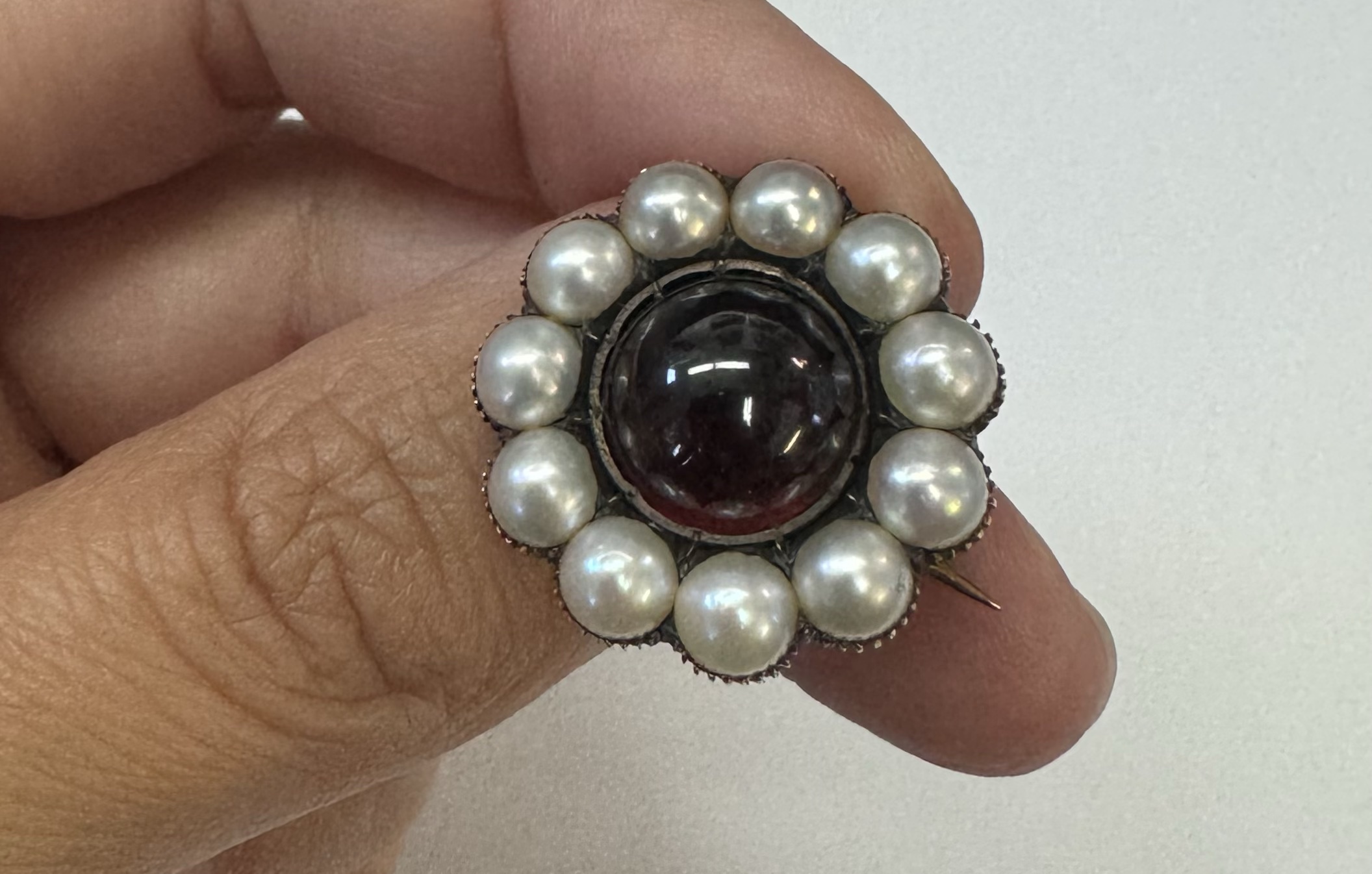 Antique Over 170 Year Old 14k Yellow Gold Genuine Garnet & Pearl Memorial Brooch With Pendant Loop - Image 11