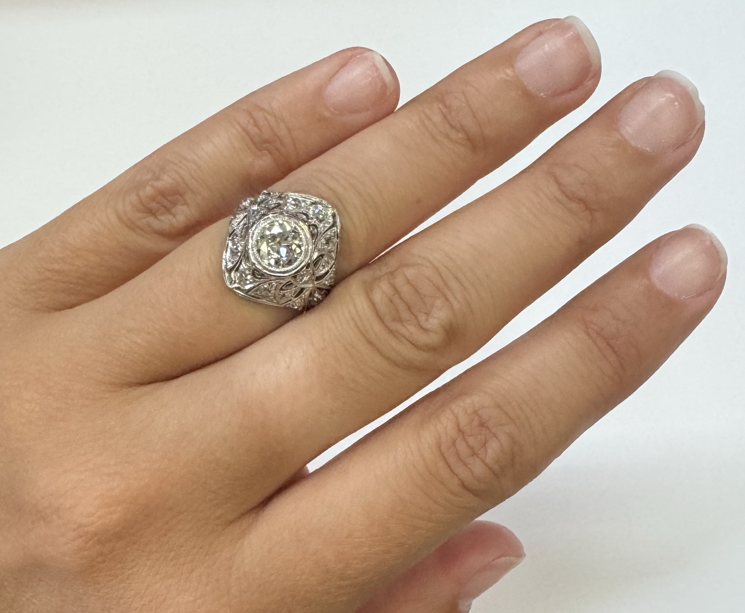 Antique Platinum .82 Carat Old European Cut Diamond Filigree Ring - Image 12