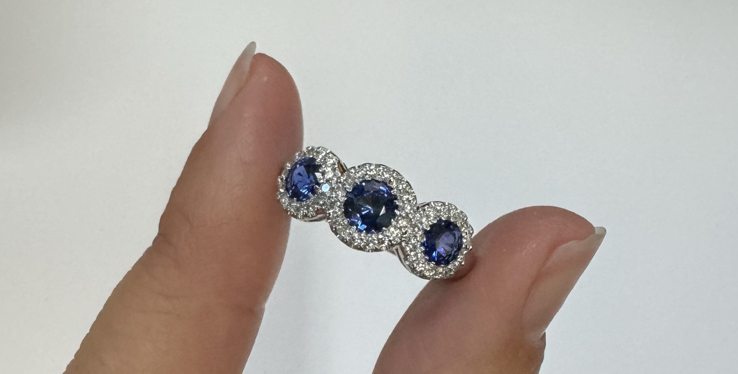 14k White Gold Genuine 1.12 Cttw Ceylon Sapphire & .48 Cttw Diamond Triple Halo Ring - Image 3