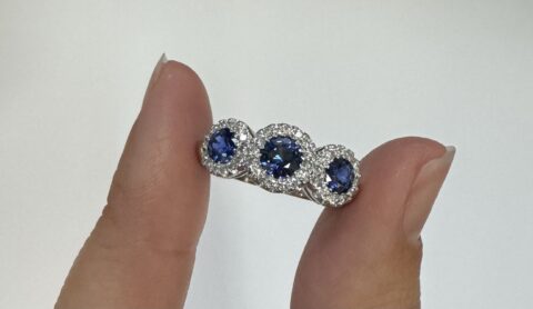 14k White Gold Genuine 1.12 Cttw Ceylon Sapphire & .48 Cttw Diamond Triple Halo Ring