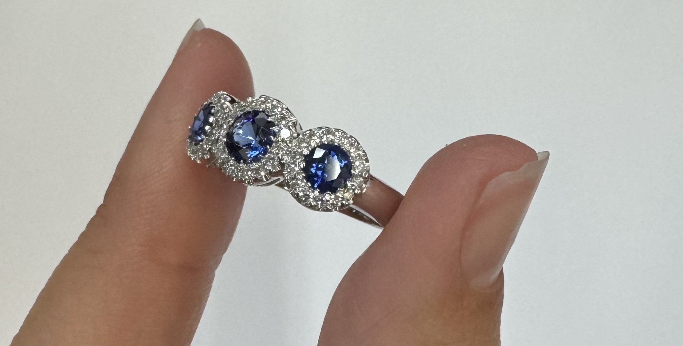 14k White Gold Genuine 1.12 Cttw Ceylon Sapphire & .48 Cttw Diamond Triple Halo Ring - Image 4
