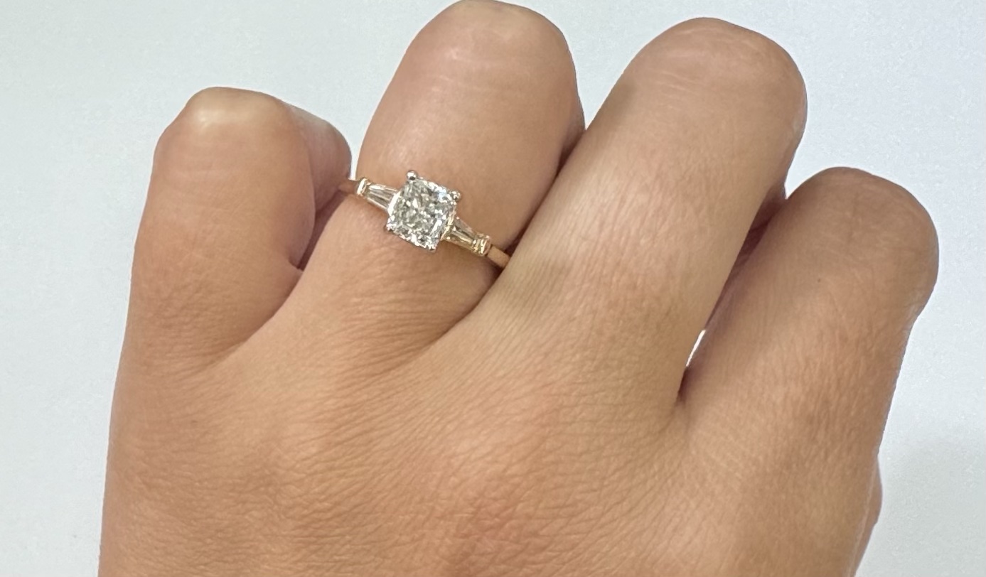 14k Rose Gold Genuine GIA Certified 1.00 Carat Cushion Brilliant Cut Diamond & Diamond Baguette Engagement Ring - Image 17