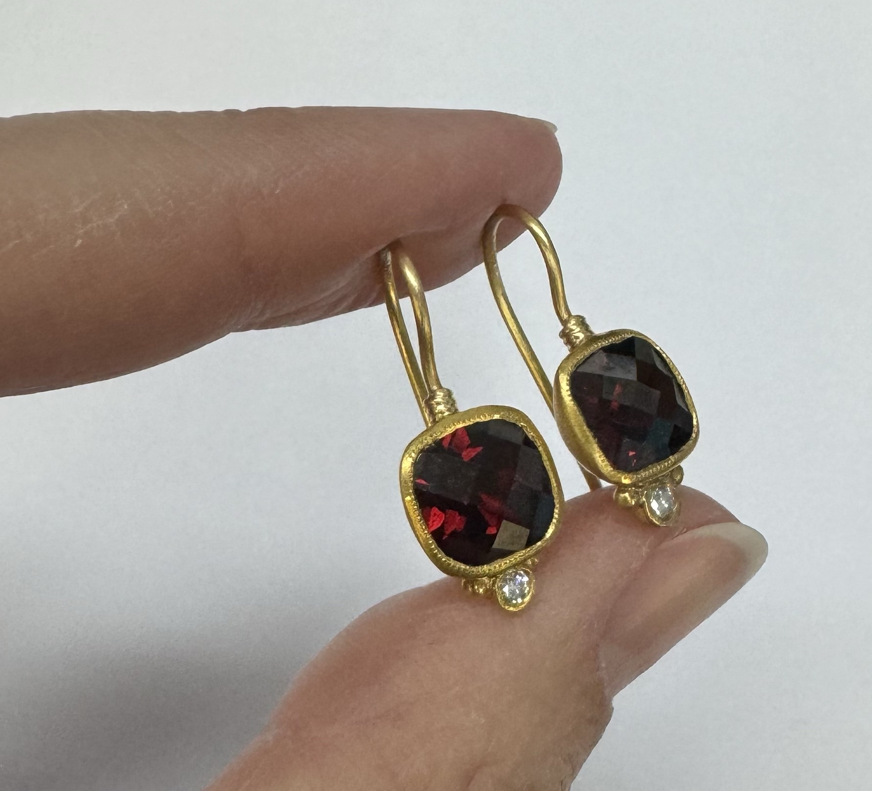 24k & 18k Genuine Garnet Bezel Set Dangle Earrings - Image 17