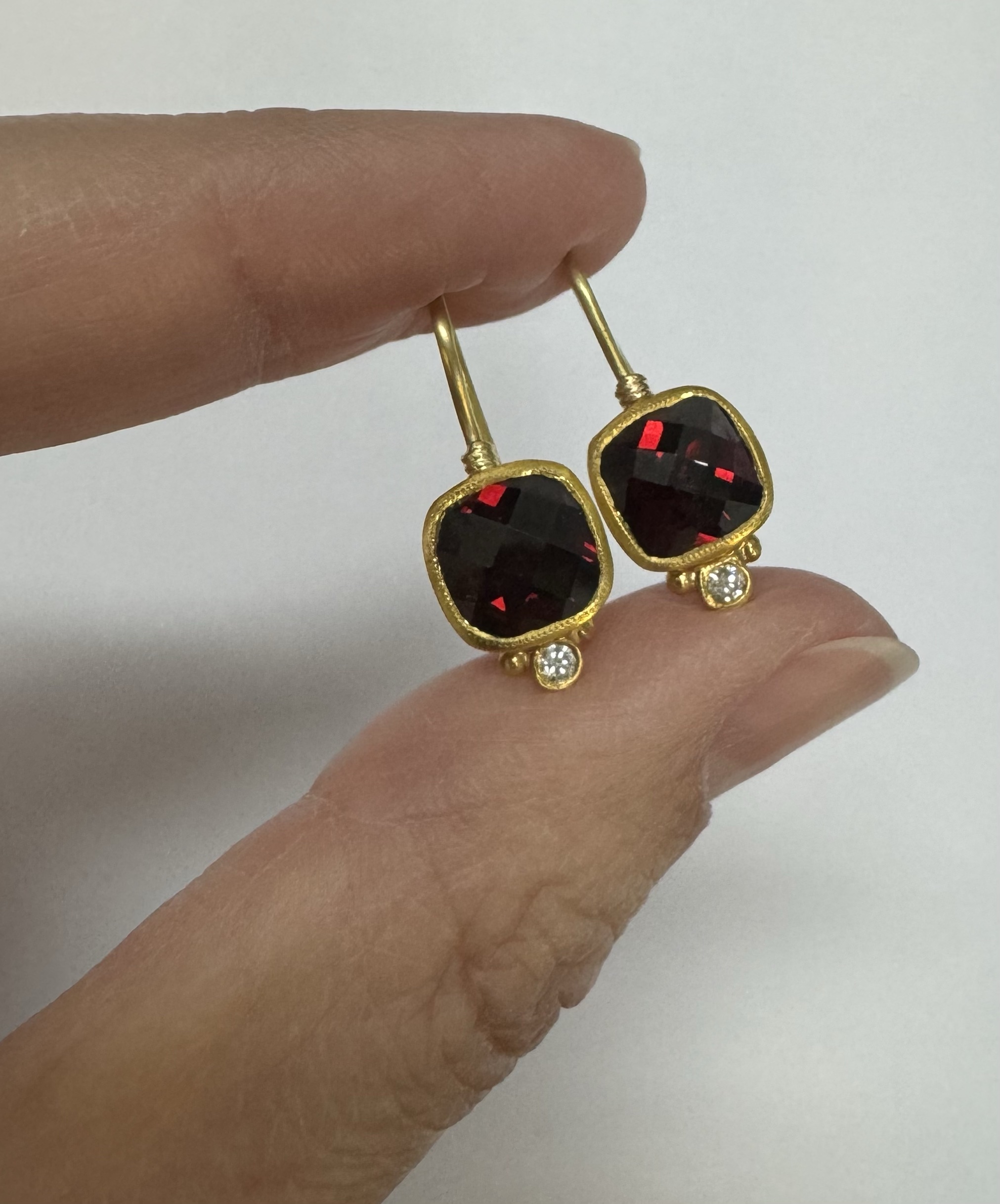 24k & 18k Genuine Garnet Bezel Set Dangle Earrings - Image 10