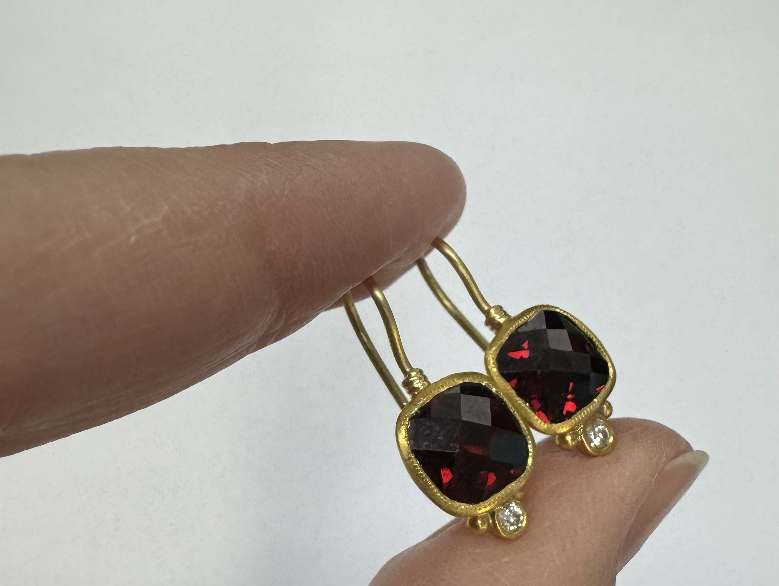 24k & 18k Genuine Garnet Bezel Set Dangle Earrings - Image 7