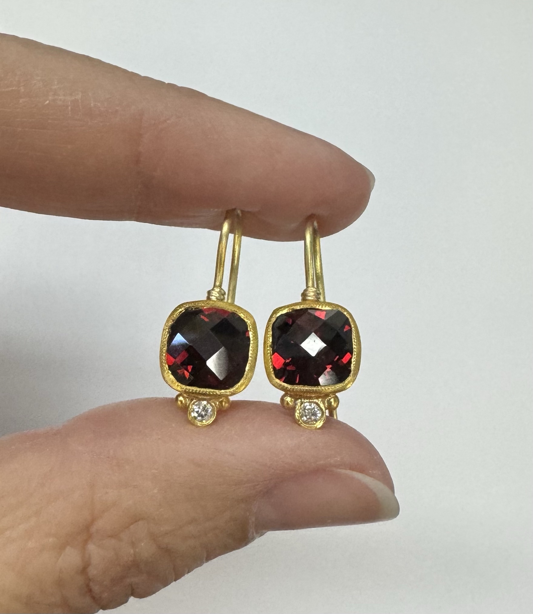 24k & 18k Genuine Garnet Bezel Set Dangle Earrings - Image 5