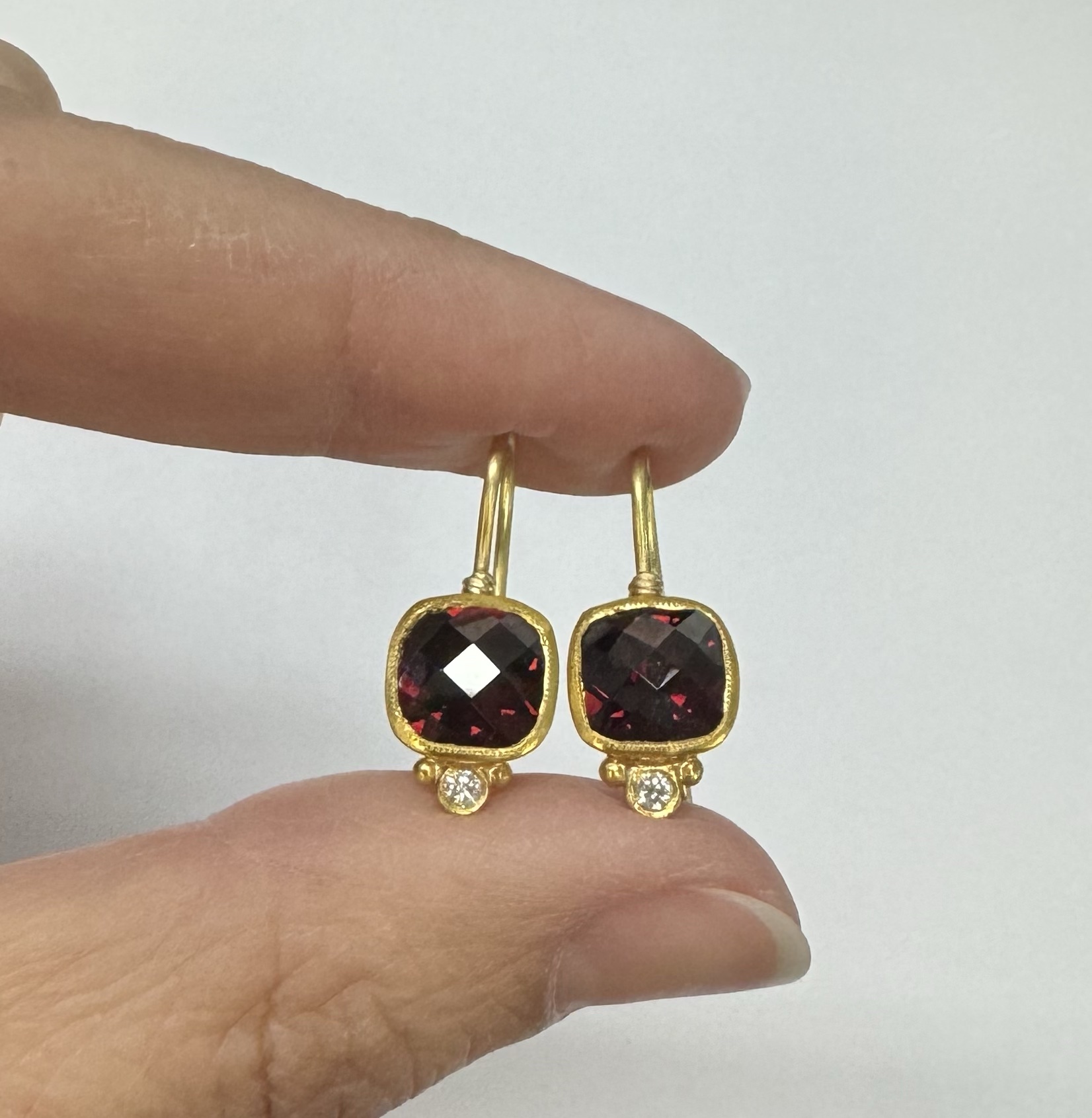 24k & 18k Genuine Garnet Bezel Set Dangle Earrings - Image 4