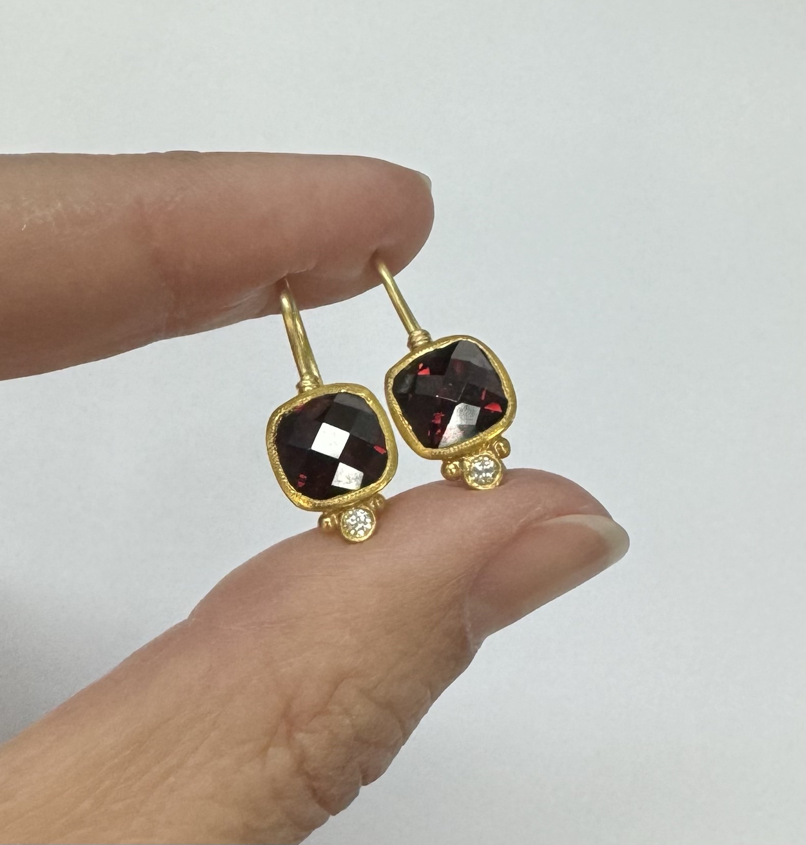 24k & 18k Genuine Garnet Bezel Set Dangle Earrings - Image 3