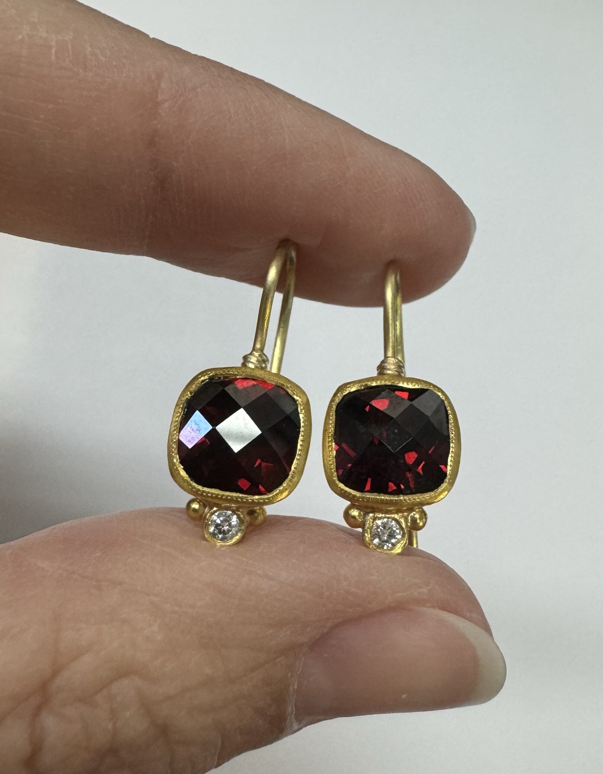 24k & 18k Genuine Garnet Bezel Set Dangle Earrings - Image 2