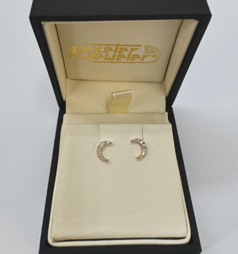 14k Yellow Gold Genuine Diamond Crescent Moon Stud Earrings