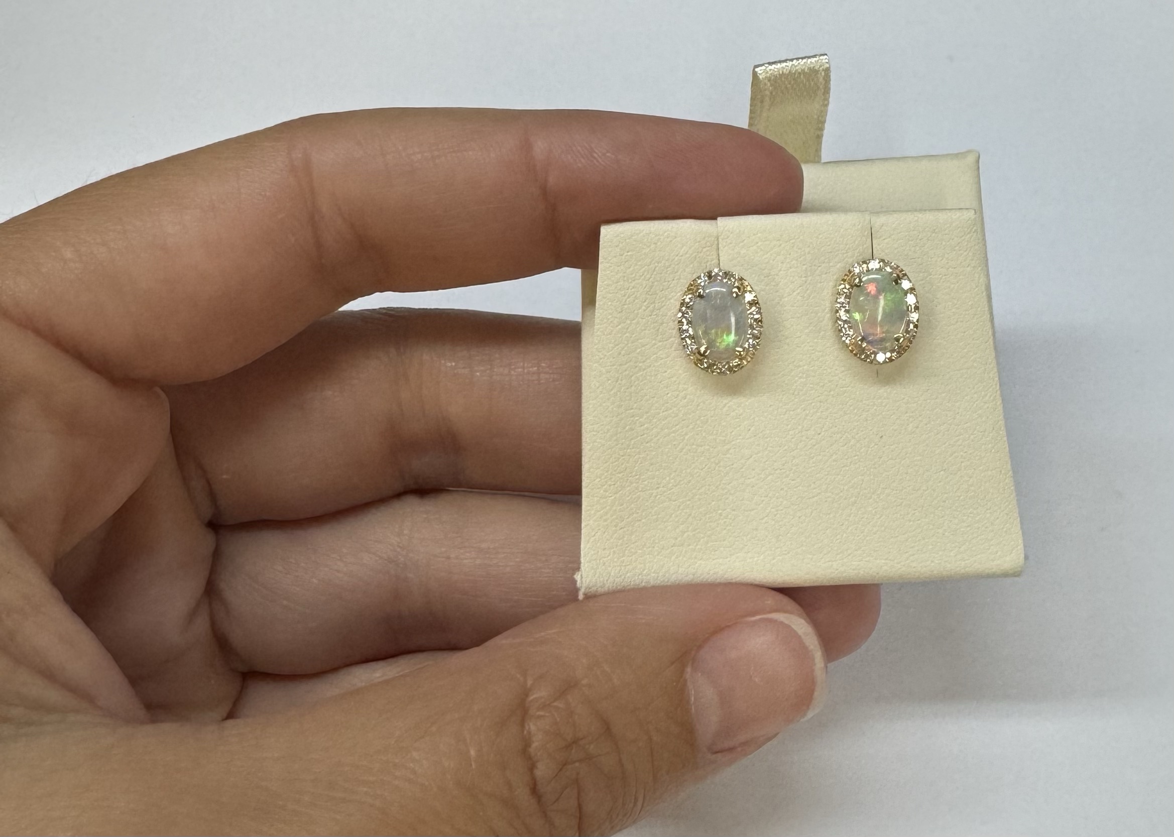 14k Yellow Gold .80 Cttw Opal & Diamond Halo Stud Earrings - Image 3
