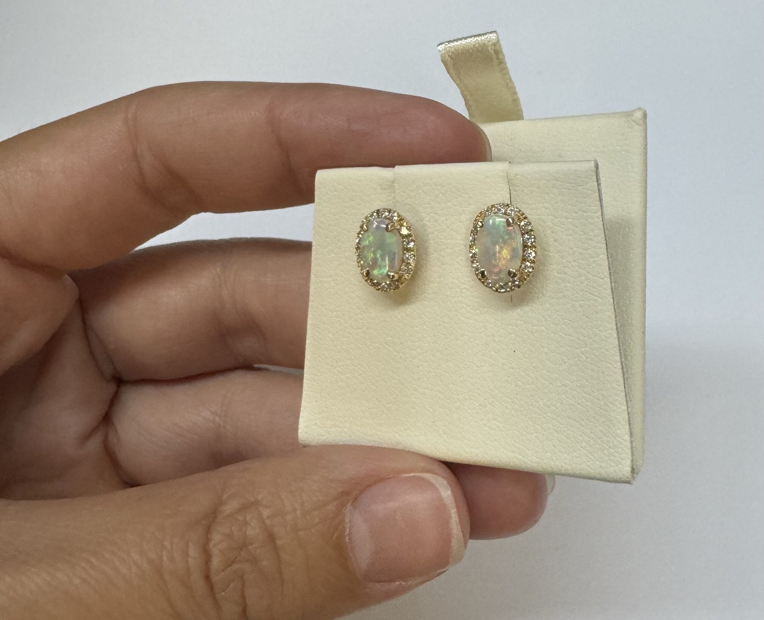 14k Yellow Gold .80 Cttw Opal & Diamond Halo Stud Earrings - Image 4