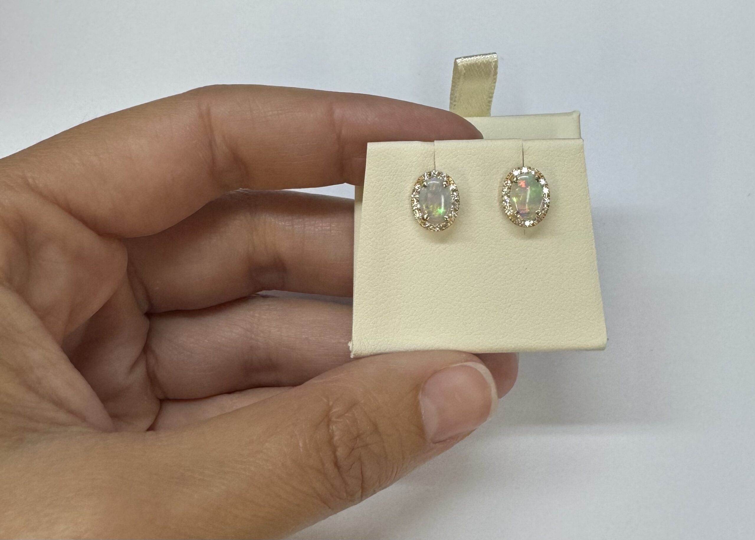 14k Yellow Gold .80 Cttw Opal & Diamond Halo Stud Earrings - Image 5