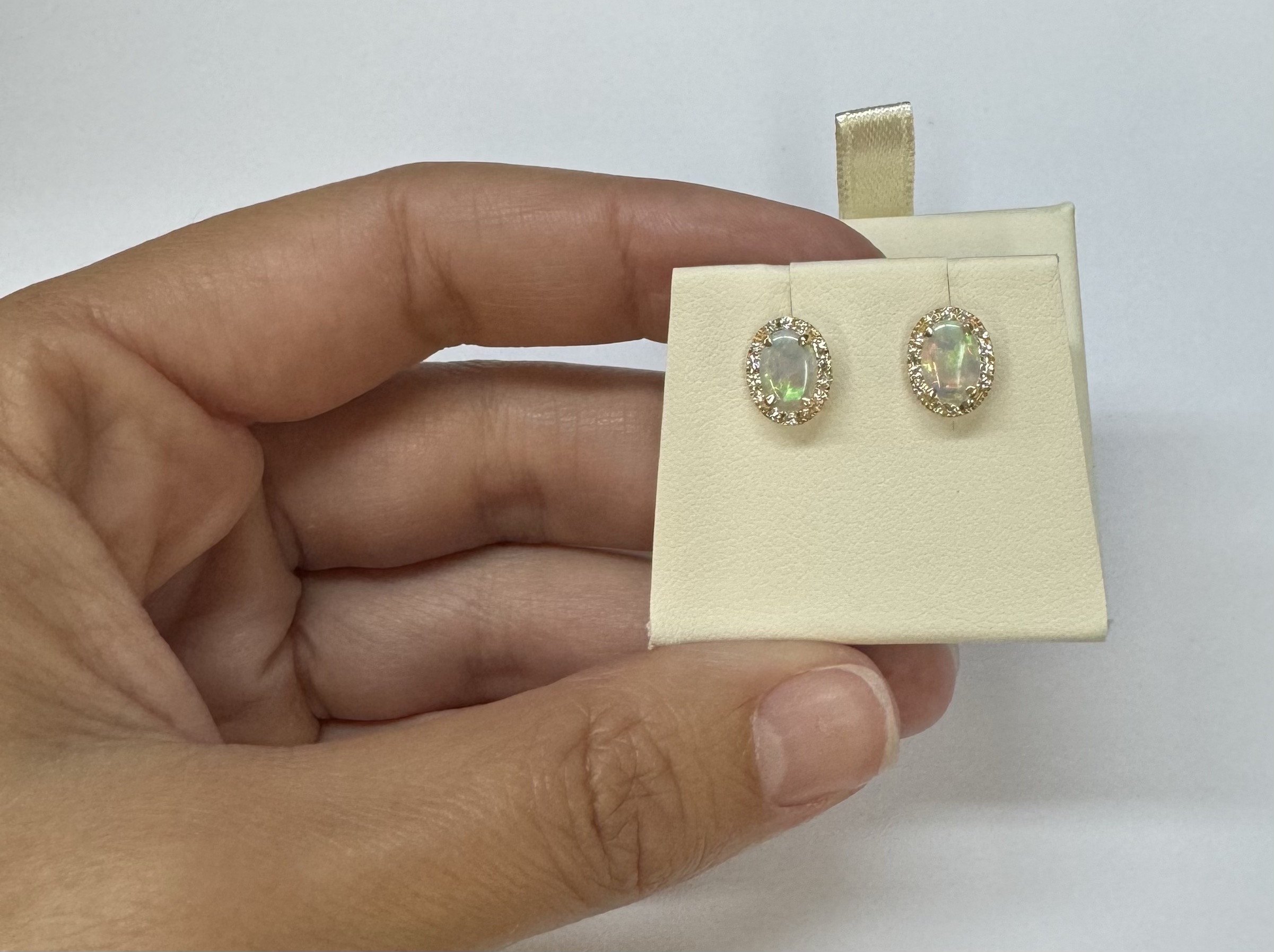 14k Yellow Gold .80 Cttw Opal & Diamond Halo Stud Earrings - Image 6