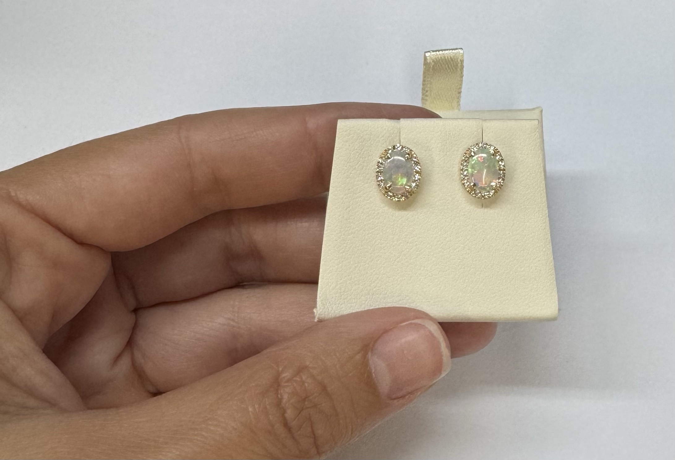 14k Yellow Gold .80 Cttw Opal & Diamond Halo Stud Earrings - Image 7