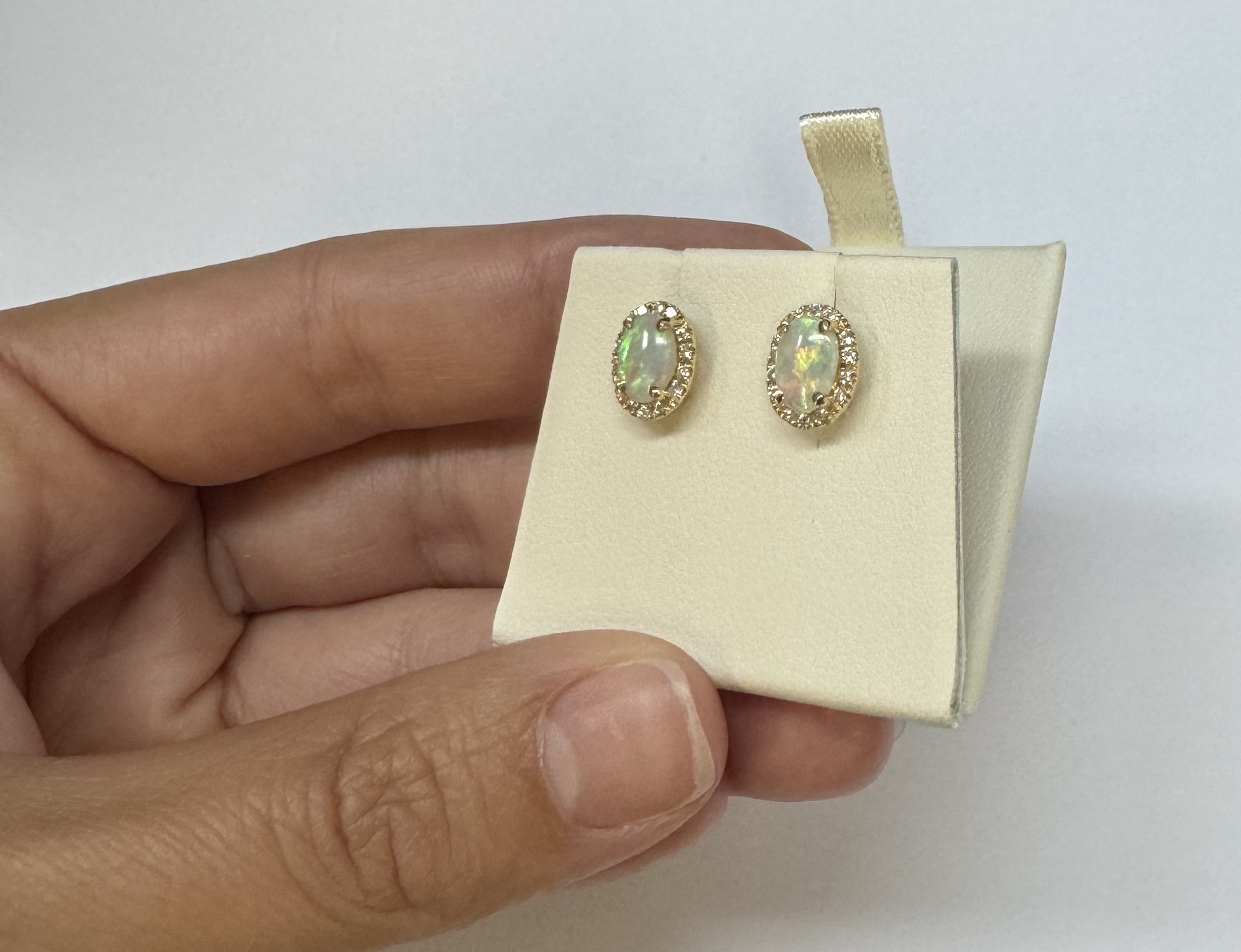 14k Yellow Gold .80 Cttw Opal & Diamond Halo Stud Earrings - Image 8