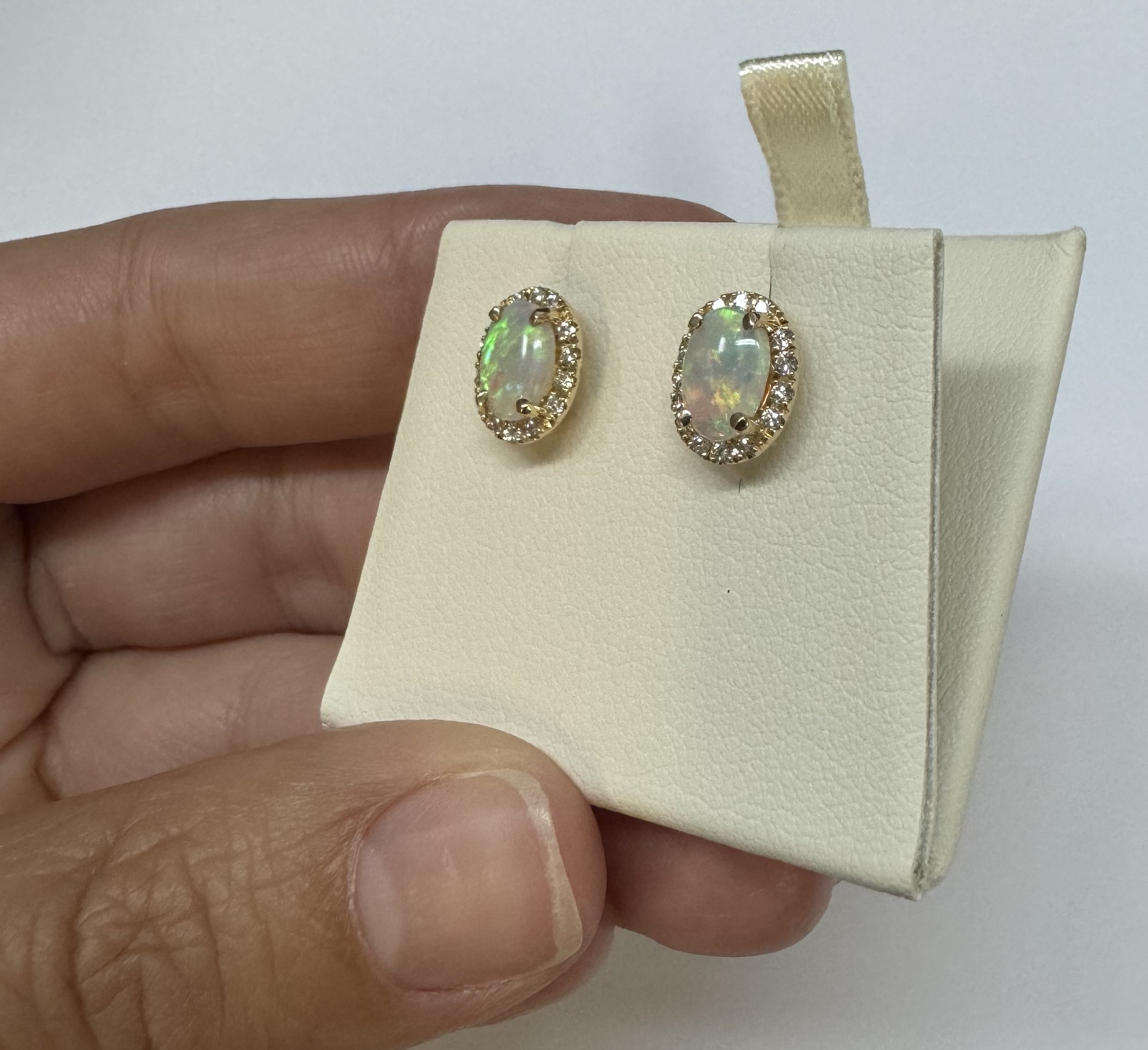 14k Yellow Gold .80 Cttw Opal & Diamond Halo Stud Earrings - Image 9