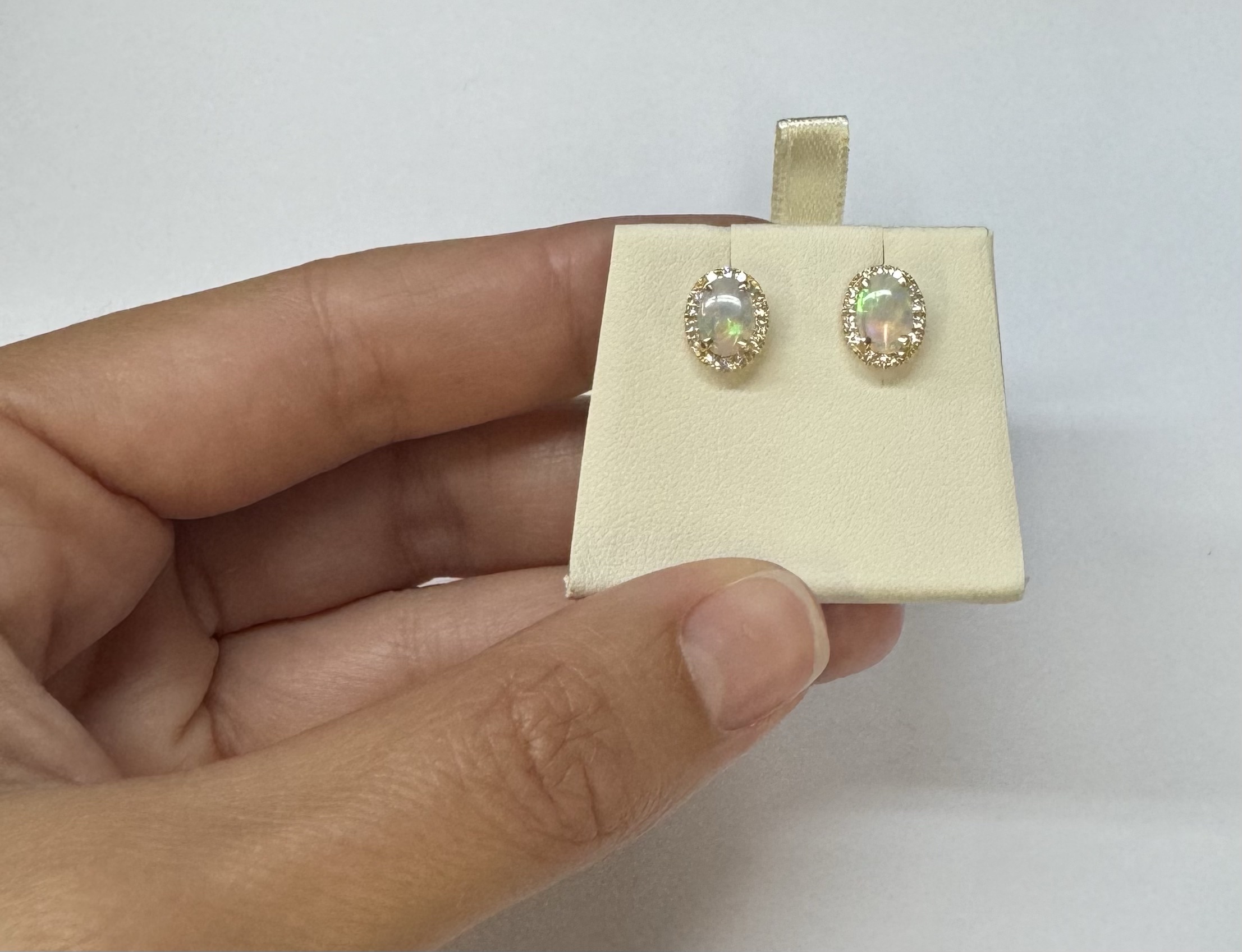 14k Yellow Gold .80 Cttw Opal & Diamond Halo Stud Earrings - Image 11