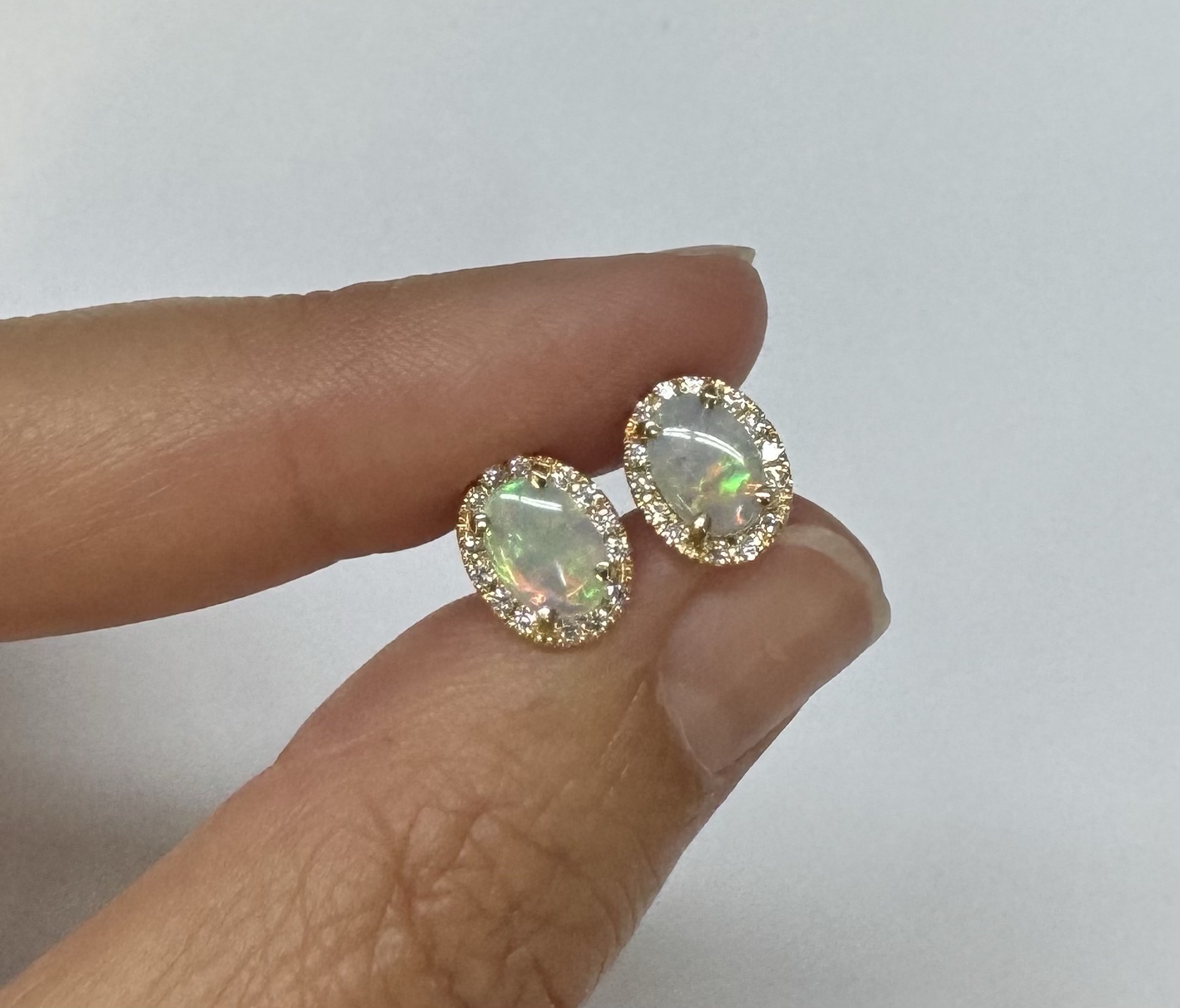 14k Yellow Gold .80 Cttw Opal & Diamond Halo Stud Earrings - Image 12