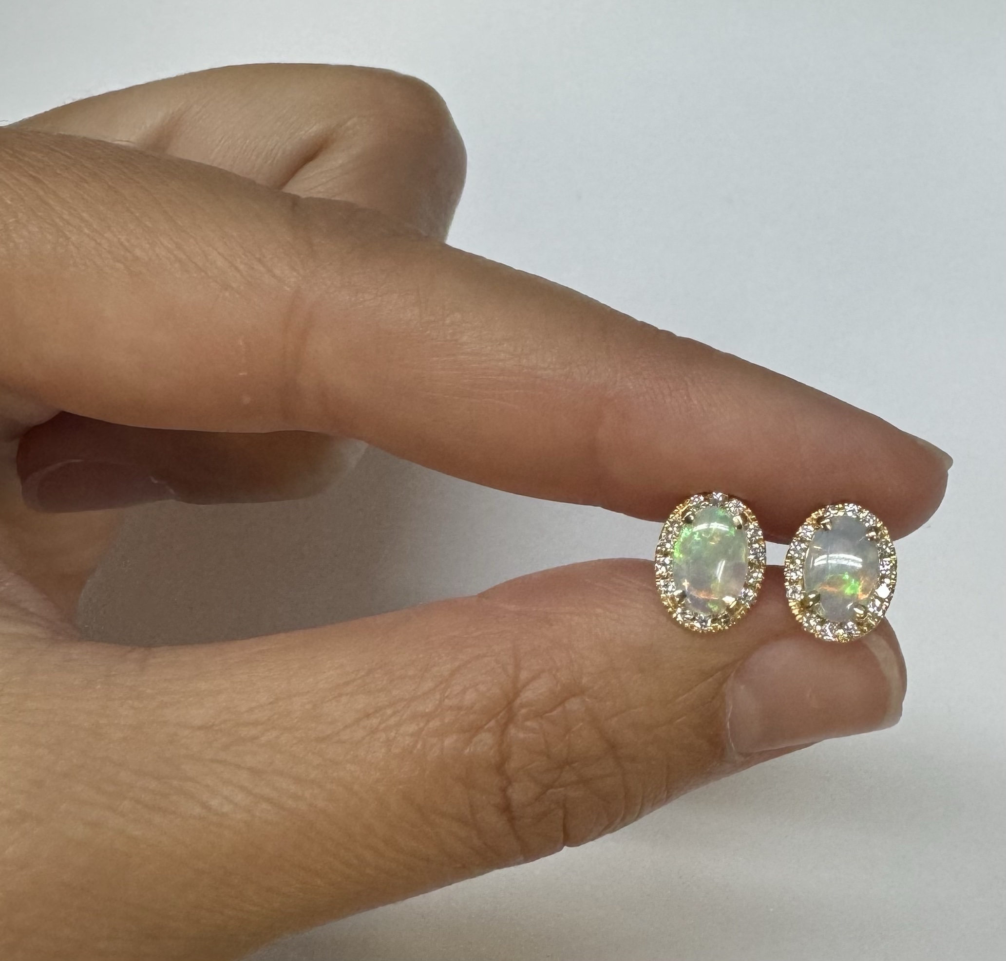 14k Yellow Gold .80 Cttw Opal & Diamond Halo Stud Earrings - Image 13