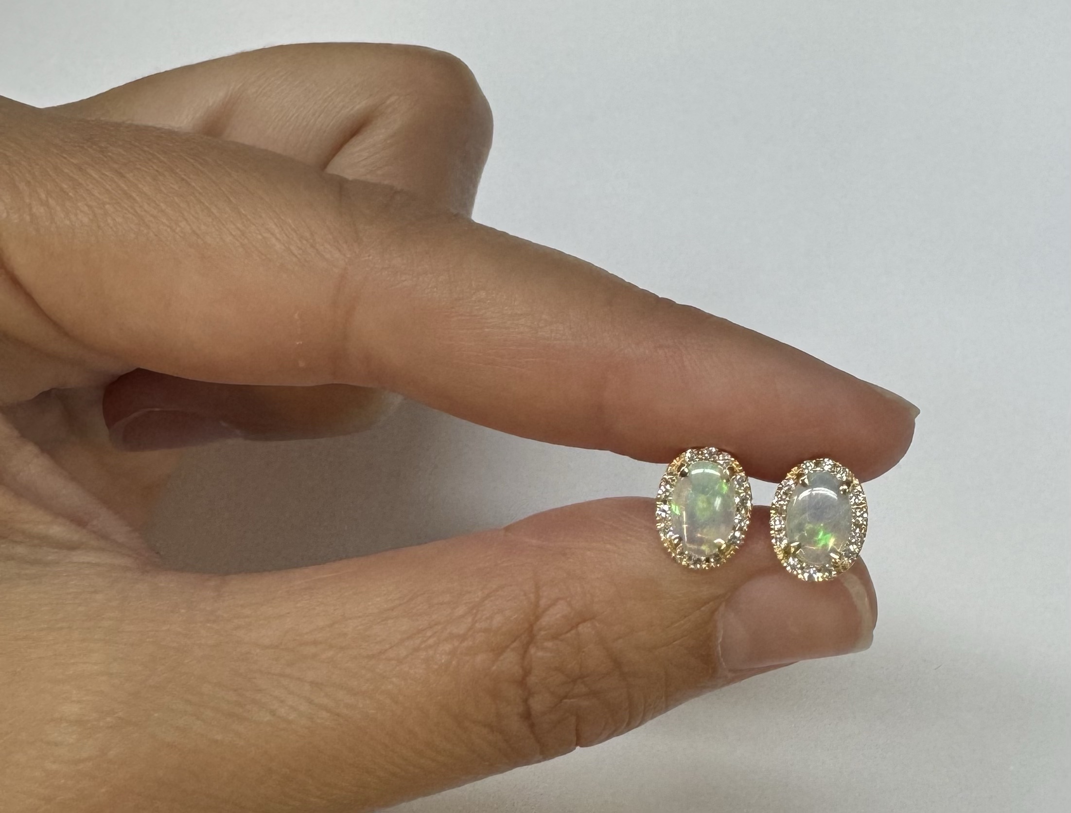 14k Yellow Gold .80 Cttw Opal & Diamond Halo Stud Earrings - Image 14