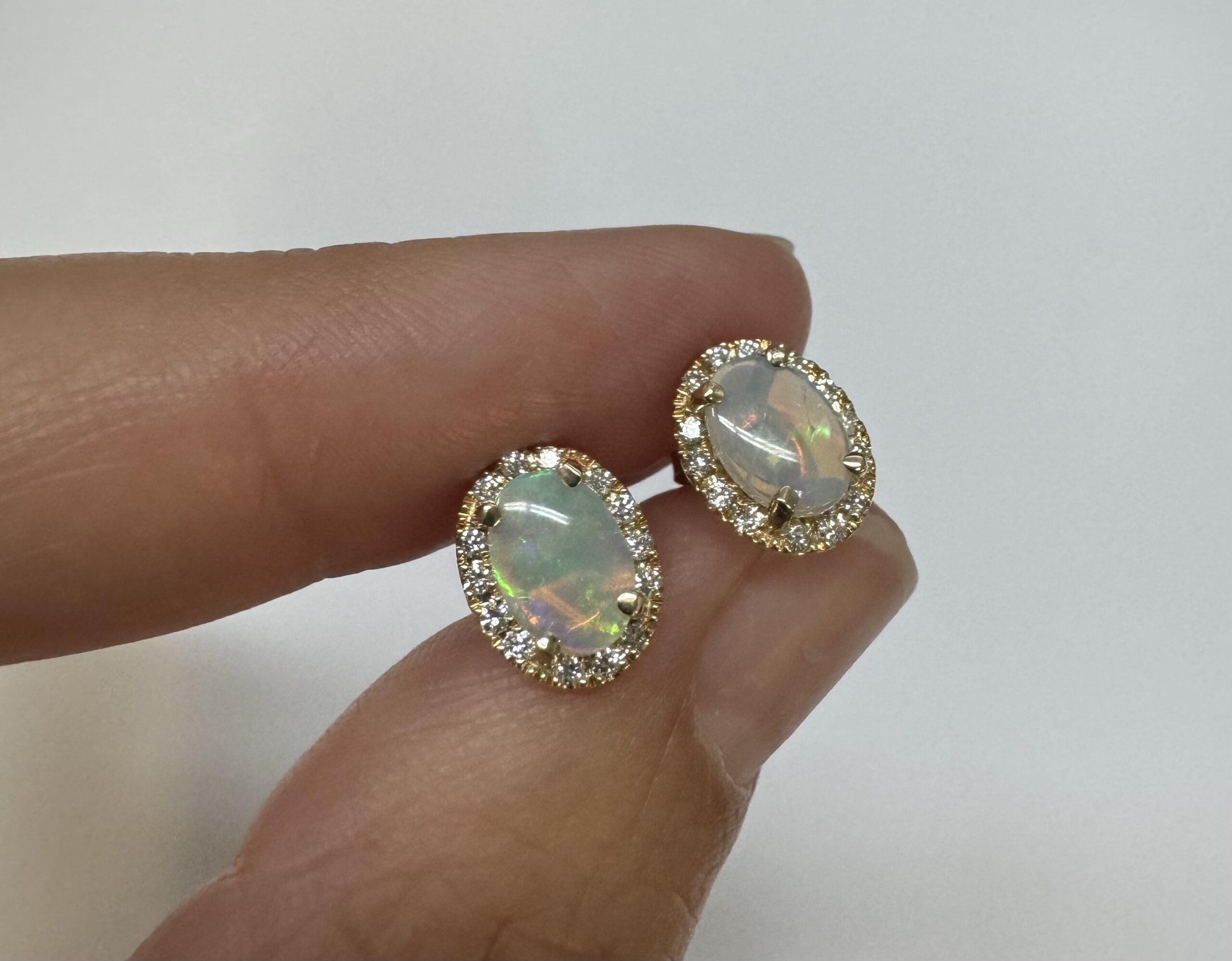 14k Yellow Gold .80 Cttw Opal & Diamond Halo Stud Earrings - Image 15