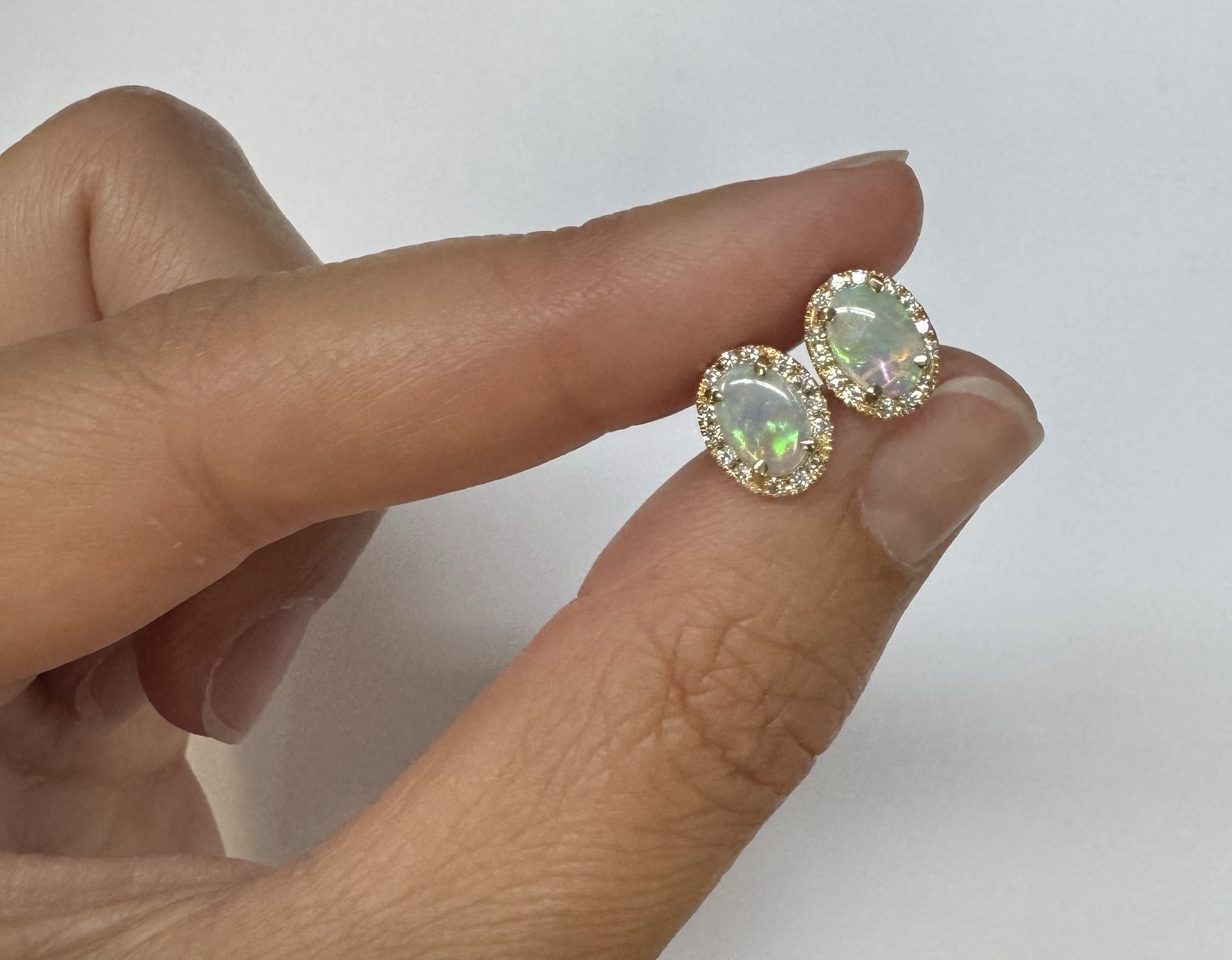 14k Yellow Gold .80 Cttw Opal & Diamond Halo Stud Earrings - Image 16