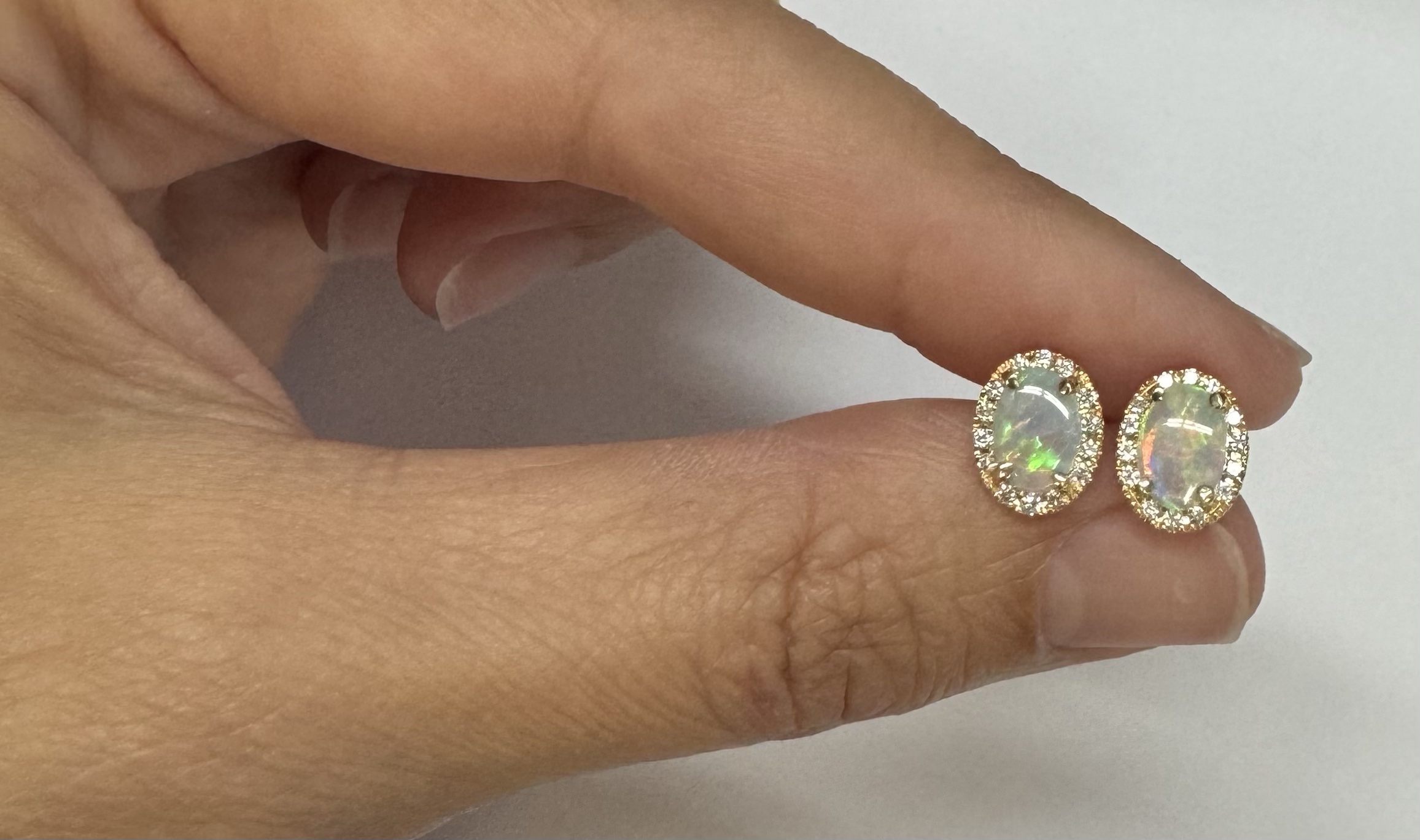 14k Yellow Gold .80 Cttw Opal & Diamond Halo Stud Earrings