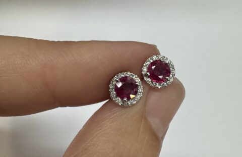14k White Gold Genuine .95 Cttw Ruby & Diamond Halo Stud Earrings