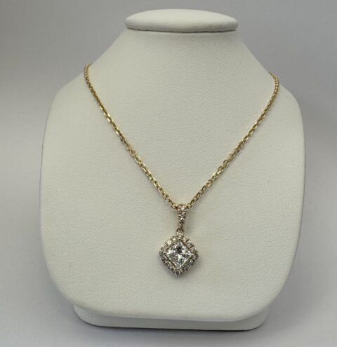 14k Yellow Gold GIA Certified Genuine .60 Cttw Cushion Brilliant Cut Diamond Halo Pendant