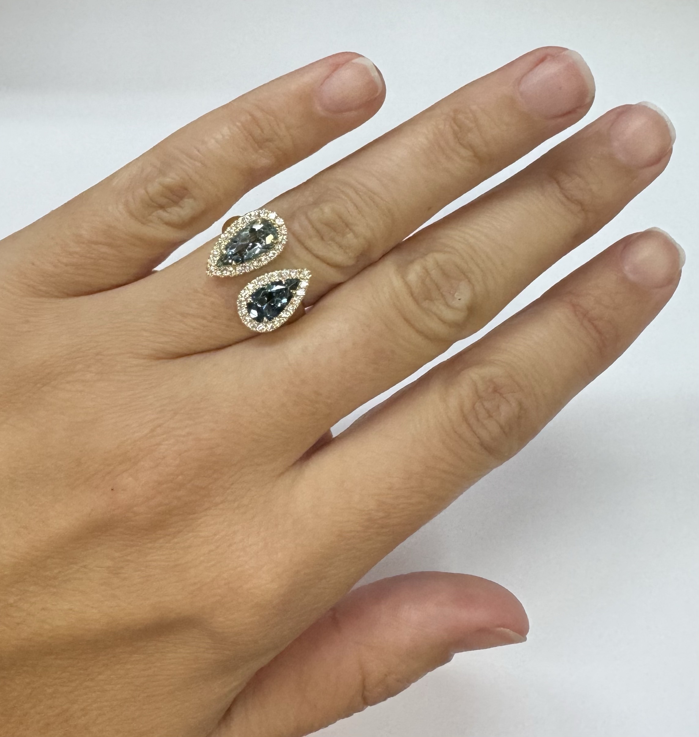 14k Yellow Gold Genuine Aquamarine & Indicalite Halo Bypass Style Ring - Image 17