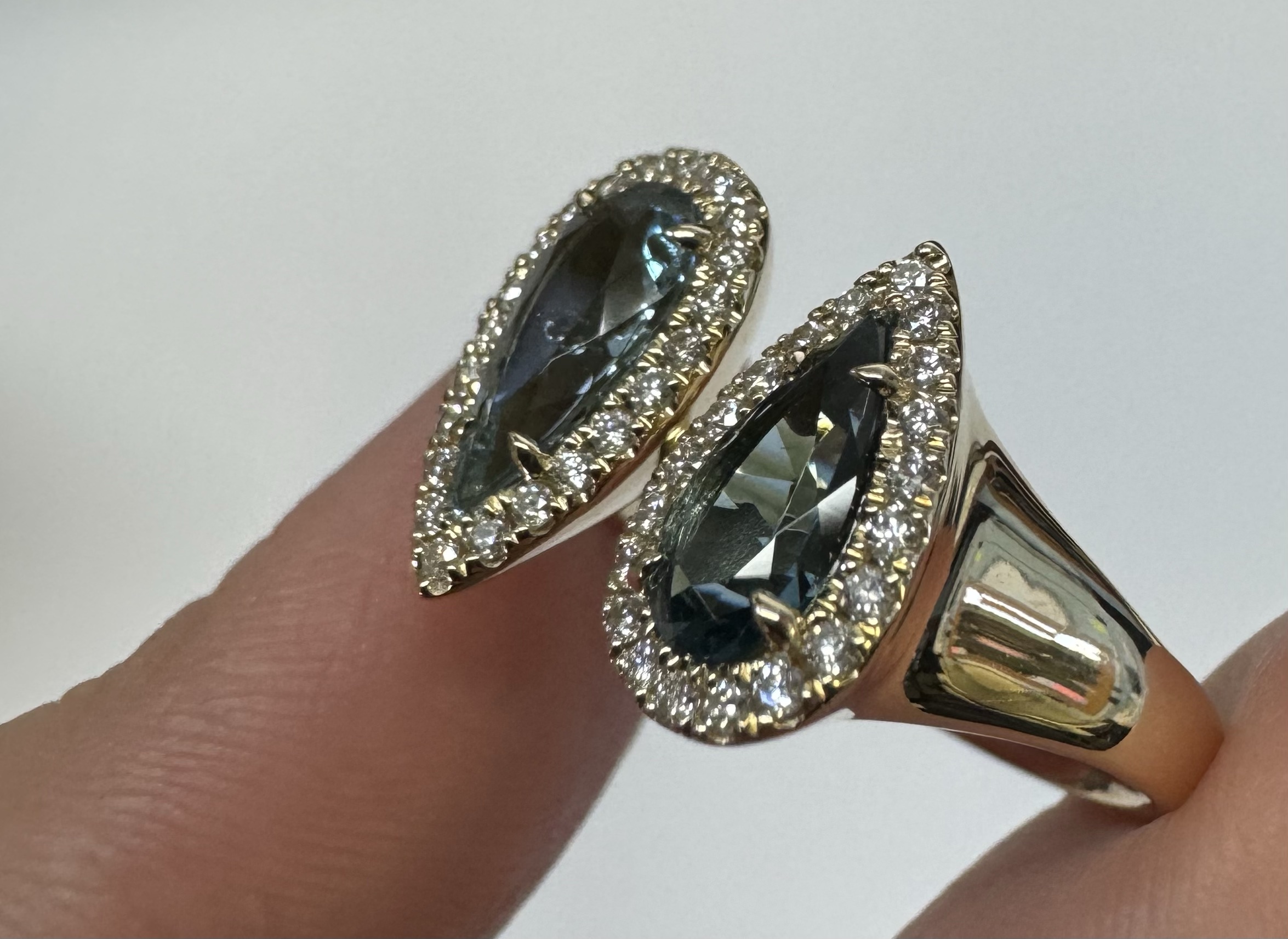 14k Yellow Gold Genuine Aquamarine & Indicalite Halo Bypass Style Ring - Image 3