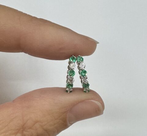 14k White Gold Genuine .32 Cttw Emerald & .18 Cttw Genuine Round Brilliant Cut Diamond Huggy Hoop Earrings