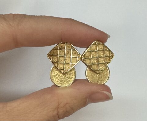 18k Yellow Gold Checkered & Hammered Motif Square & Circle Cufflinks