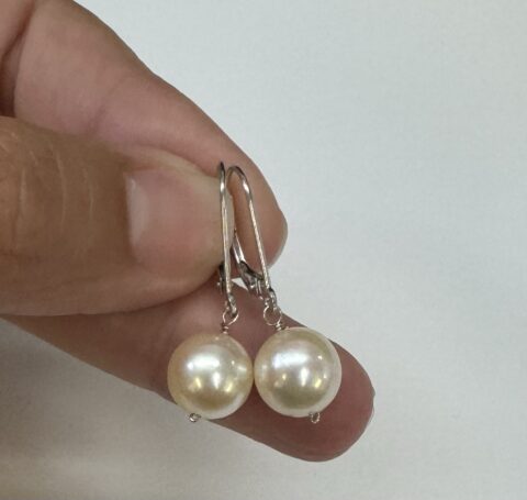 14k White Gold Cultured 8.9 MM Saltwater Pearl Dangle Earrings