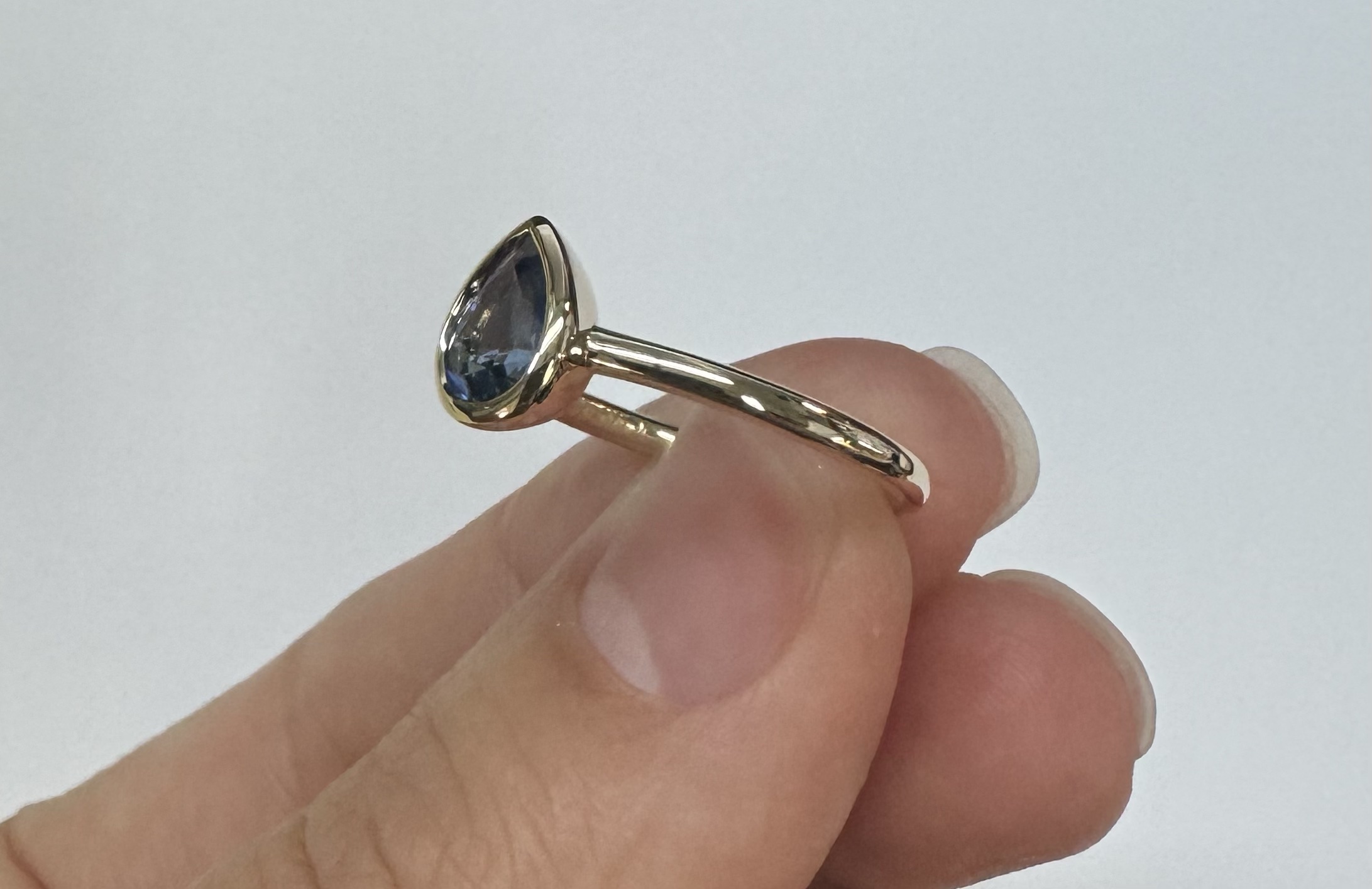 14k Yellow Gold .73 Cttw Pear Shaped Ceylon Sapphire Bezel Set Ring - Image 11