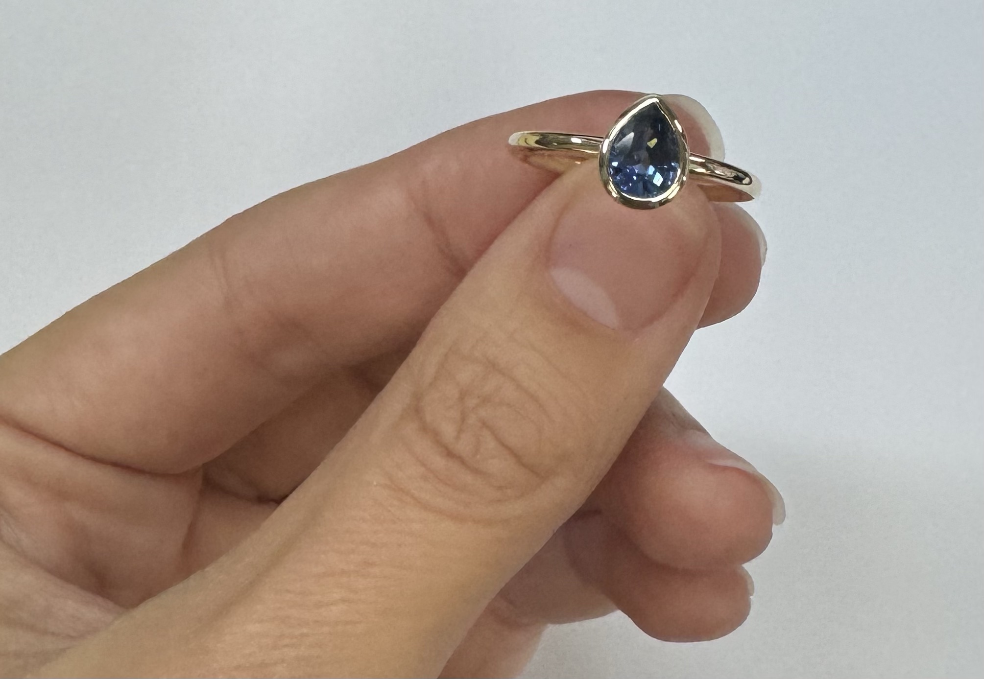 14k Yellow Gold .73 Cttw Pear Shaped Ceylon Sapphire Bezel Set Ring - Image 14