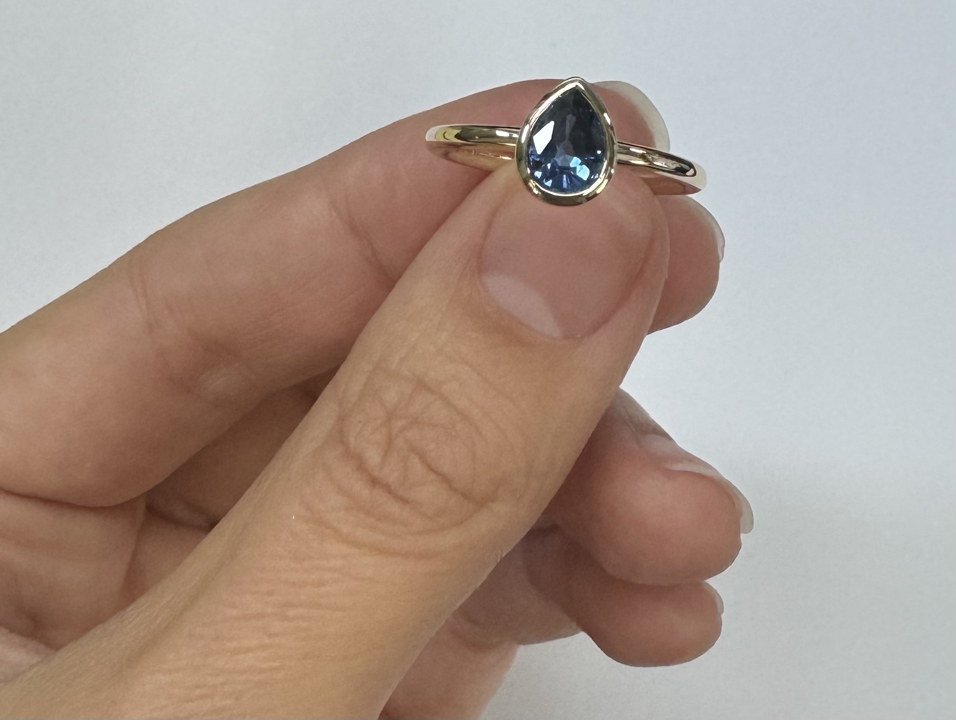 14k Yellow Gold .73 Cttw Pear Shaped Ceylon Sapphire Bezel Set Ring - Image 15