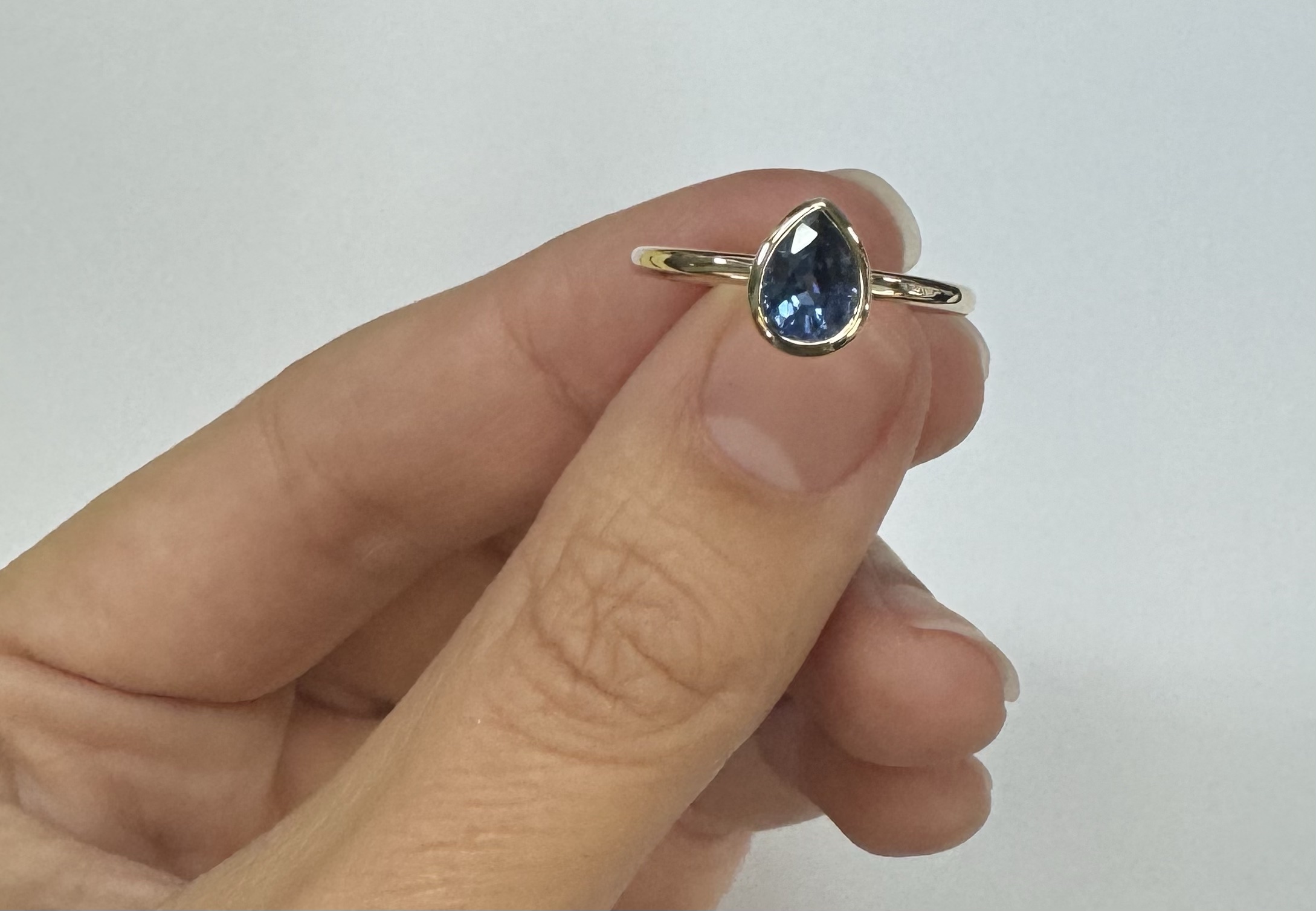 14k Yellow Gold .73 Cttw Pear Shaped Ceylon Sapphire Bezel Set Ring - Image 17